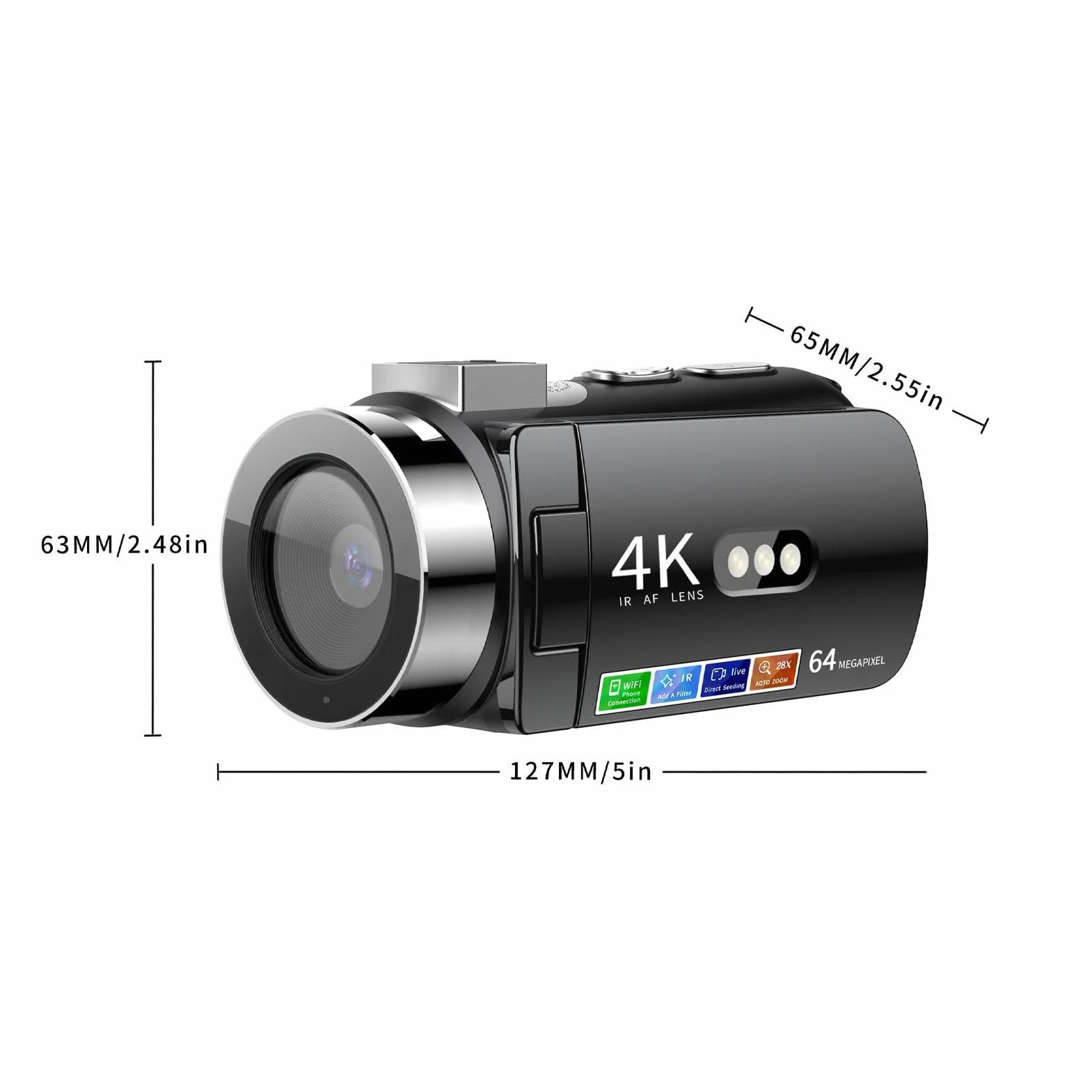 Kamera Wideo, 4K 64MP Ultra HD Kamera, 3 -calowy Ekran Flip WiFi Vlogging Rejestrator z 28x Cyfrowy Zoom, IR Nocne Widzenie, Bateria 4800 MAh dla YouTube