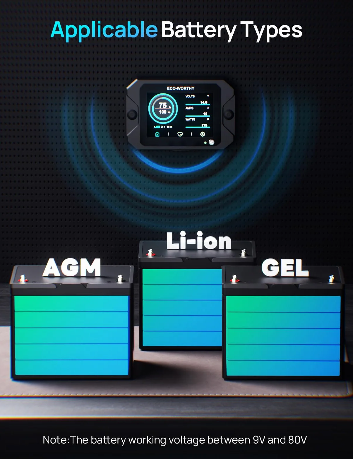 ECO-WORTHY Ulepszony monitor baterii 300 A 12 V/24 V/36 V/48 V 3,5-calowy ekran dotykowy monitor baterii z alarmem, tester baterii litowej do kampera, systemów solarnych