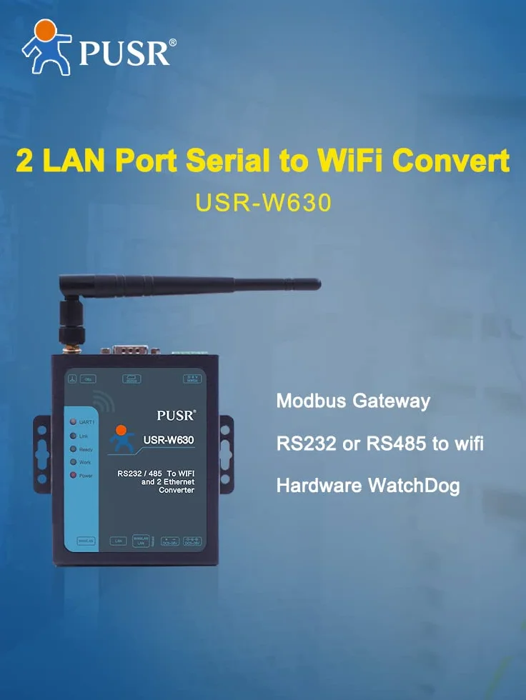 USR-W630 Przemysłowy WIFI 2 porty Ethernet Serwer RS232 RS485 Modbus RTU TCP