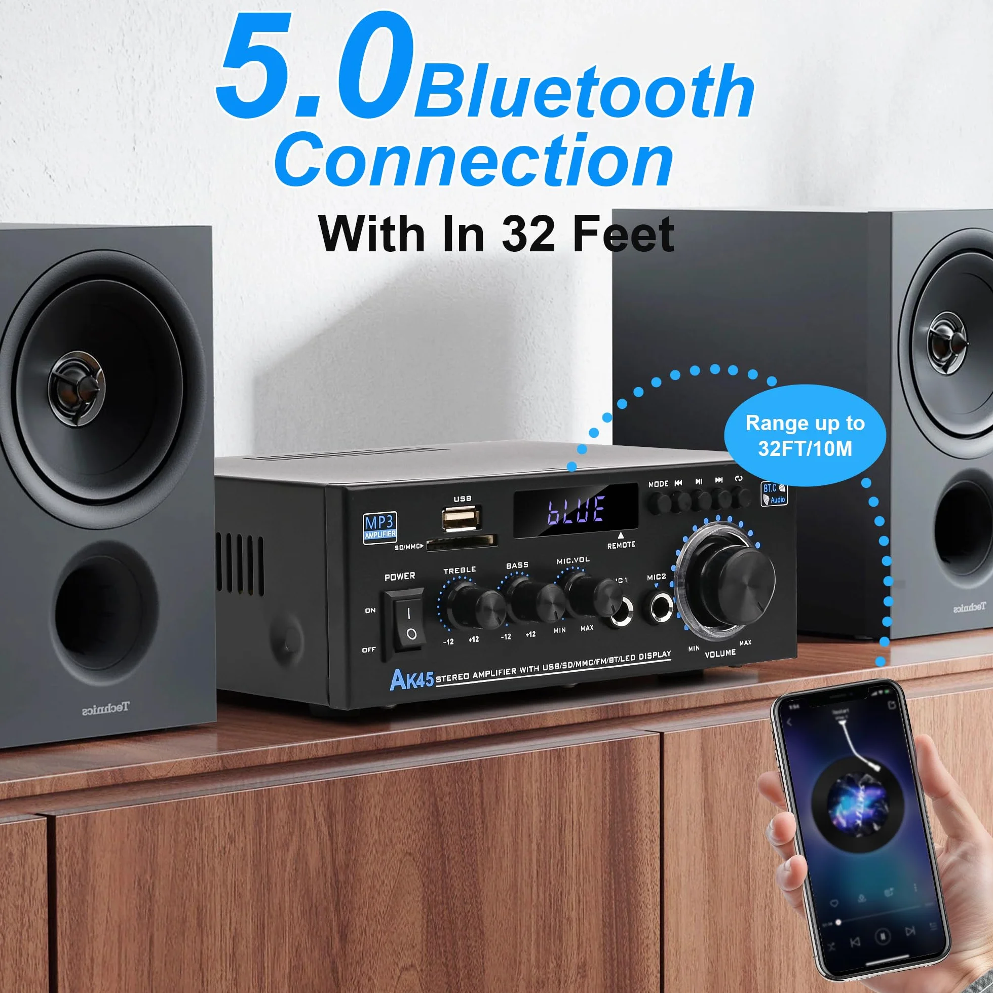 Romicta Wzmacniacz audio, wzmacniacz HiFi, wzmacniacz stereo 600 W, 2-kanałowy, Bluetooth 5.0, wyświetlacz LCD 12 V, 220 V, Hi-Fi, przenośne radio FM, karta SD Card/USB, do domu lub samochodu