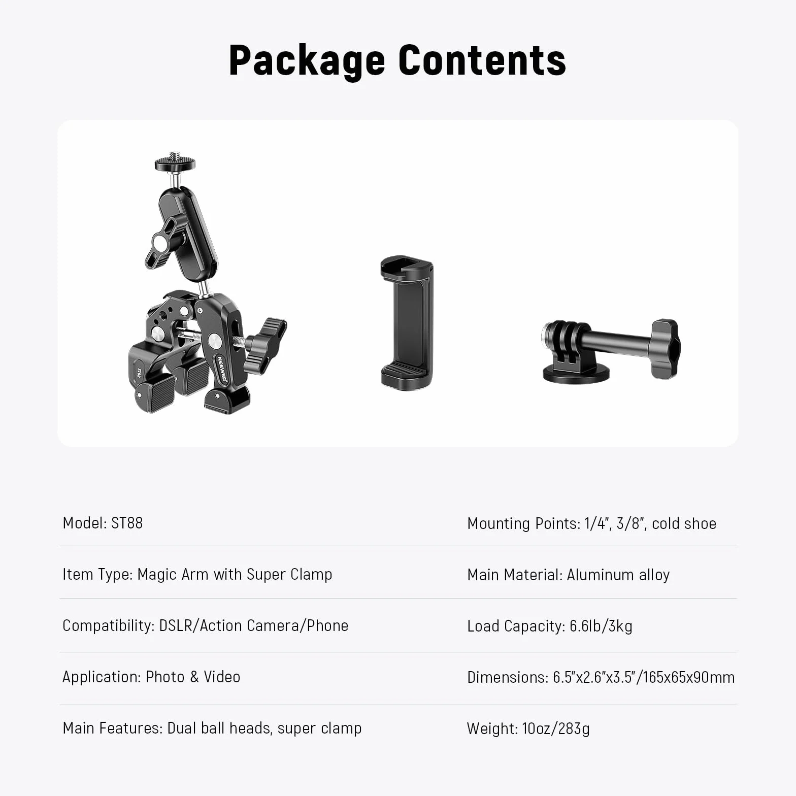 NEEWER Super Clamp+Magic Arm 3" z dwiema głowicami kulowymi, zacisk aparatu/telefonu z gwintem 1/4", ColdShoe, uchwyt na telefon i mocowanie kamery Action Cam kompatybilny z GoPro DJI iPhone 16 15 Pro