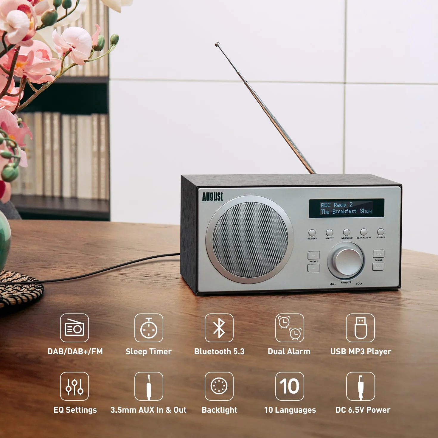 August MB420 Radio DAB+/FM z Bluetooth cyfrowe radio kuchenne z drewnianą obudową z funkcją RDS, 60 ustawień Hifi Bluetooth 5 W – budzik radiowy z funkcją drzemki – USB/Aux-In/Aux-Out