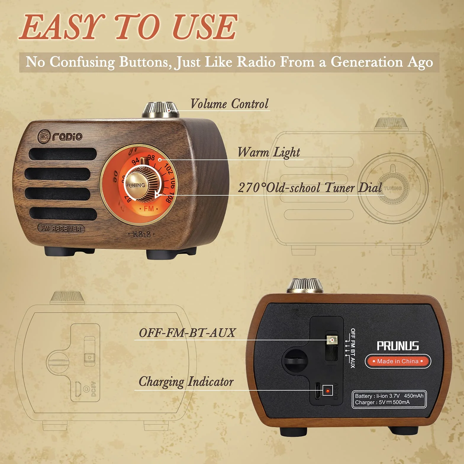 PRUNUS R-818 Drewniane Radio Retro Bluetooth FM AUX