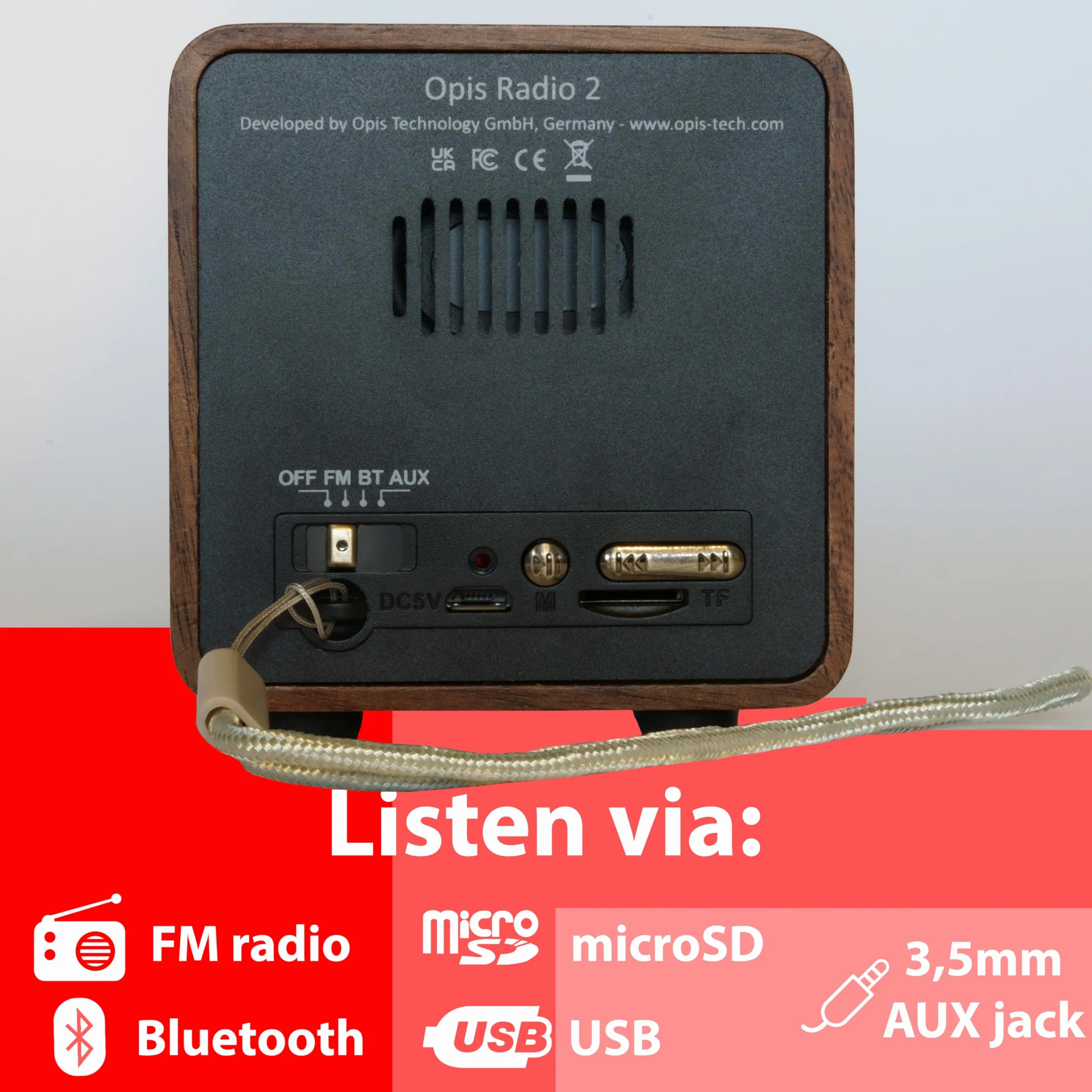 Opis Radio 2 – Mały drewniany głośnik retro bluetooth i radio UHF (orzech włoski)