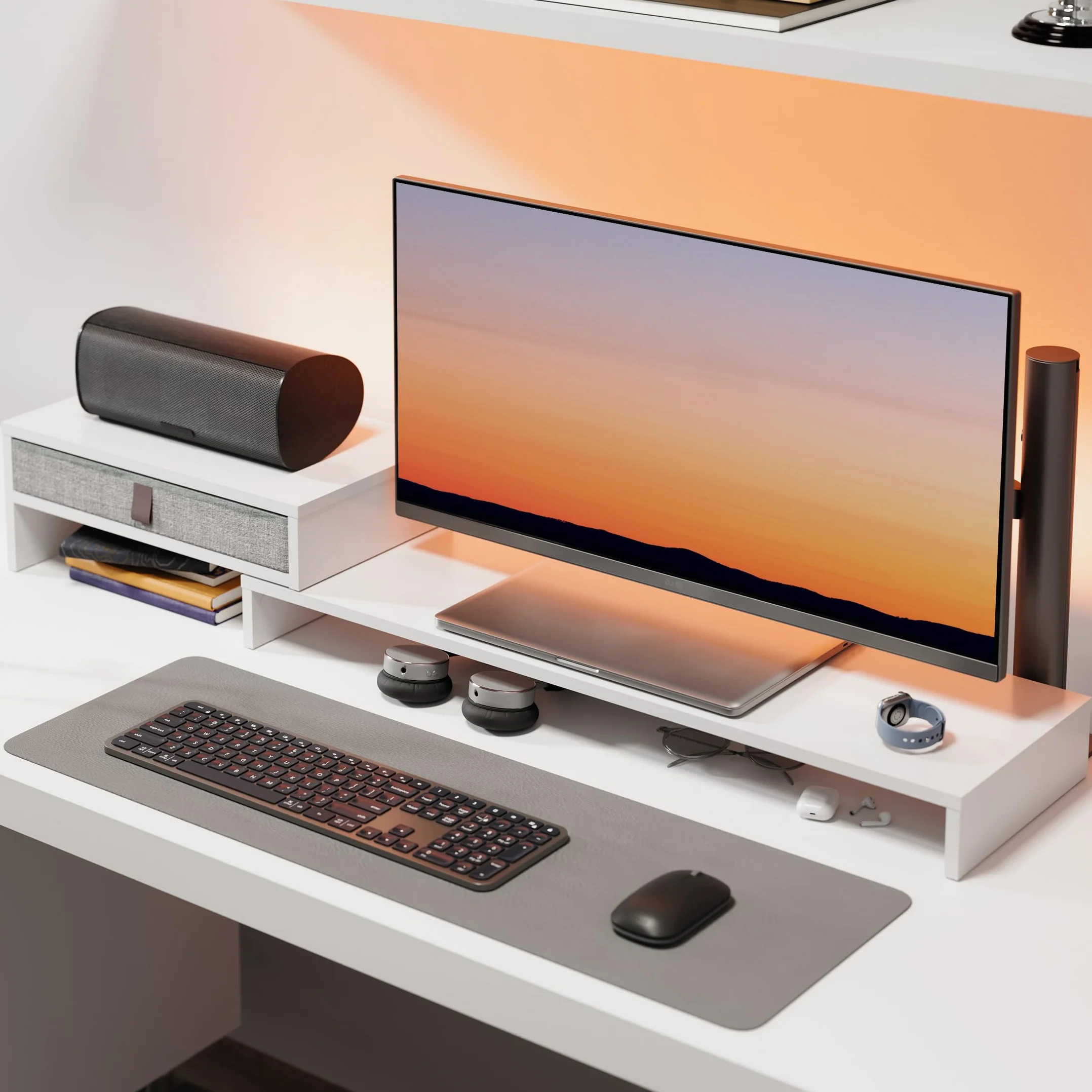 Fenge Podstawka pod dwa monitory z szufladą dla komputera PC, laptopa, drukarki, podnośnik do monitora, regulowana długość i kąt, 78,3-113x23,5x7,3 cm, biały