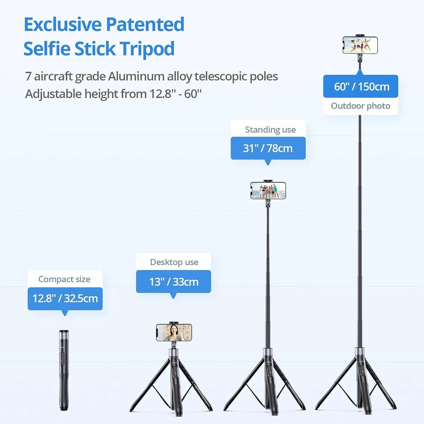 ATUMTEK kijek do selfie o długości 150 cm, z wytrzymałego aluminium i antypoślizgowymi nóżkami do telefonów iPhone/telefonów z systemem Android, do selfie, nagrywania wideoblogów i transmisji na żywo