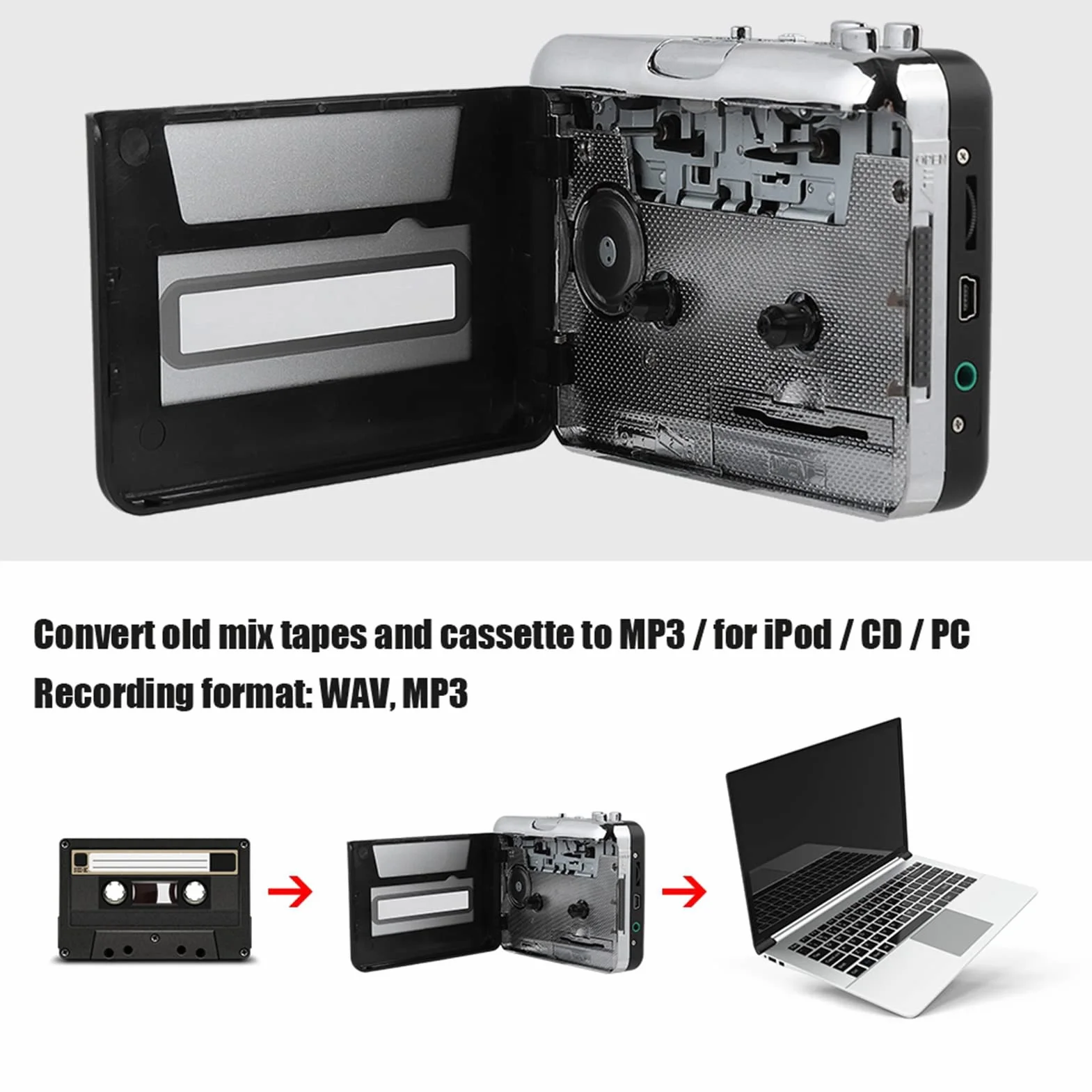 Przenośny Odtwarzacz Kasetowy Konwerter Rejestratora, Konwerter Kaset Magnetofonowych na Konwerter MP3 Konwertuj Taśmy na Pliki Cyfrowe Przez USB
