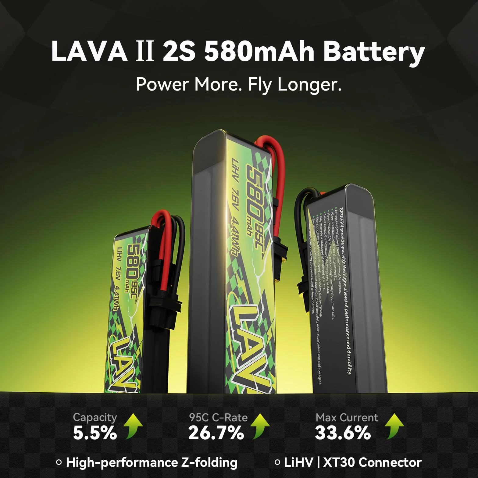 BETAFPV 2 szt. Bateria Lava II 2S, 580 mAh, 7,6 V, 95C, LiHV, Lipo ze złączem XT30, JST-XH2.54, wtyczka ładująca kompatybilna z bezszczotkowym Whoop Drone Quadcopter Like Pavo Pico II, Pavo Femto