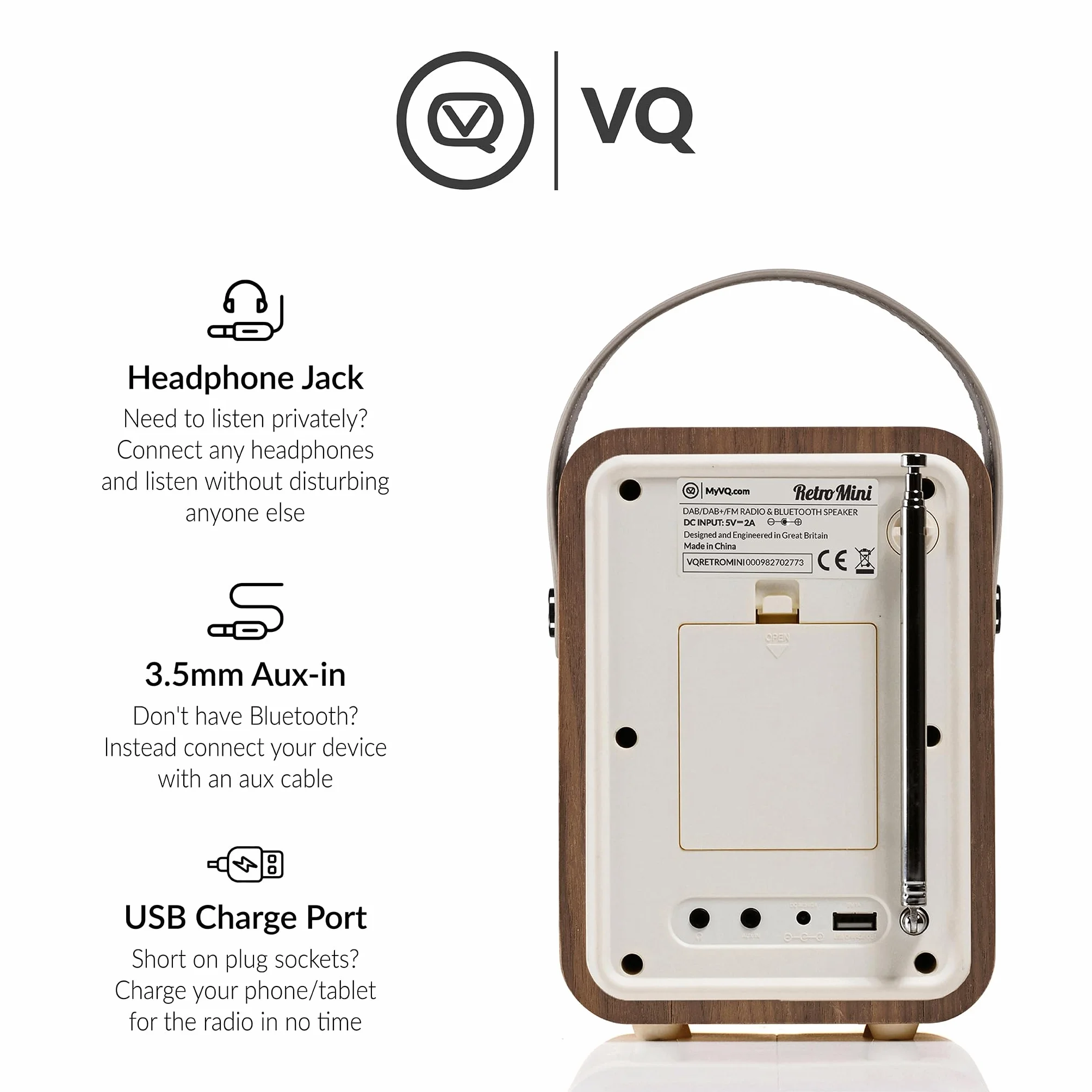 VQ Retro Mini DAB Plus/DAB Radio z Bluetooth, FM i Funkcją Budzika - Zasilane z Sieci i Baterii Przenośne Radio z Anteną, Gniazdkiem Słuchawkowym i Portem USB do Ładowania - Orzech