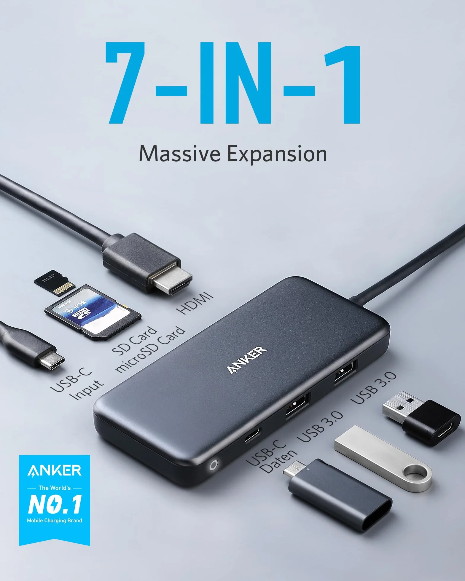 Anker Hub USB C, PowerExpand+ adapter USB C 7 w 1, z wejściem 4K HDMI, zasilaniem 100 W, USB-C i dwoma portami danych USB-A 5 Gb/s, czytnik kart microSD i SD, do MacBook Air, MacBook Pro, XPS i więcej.