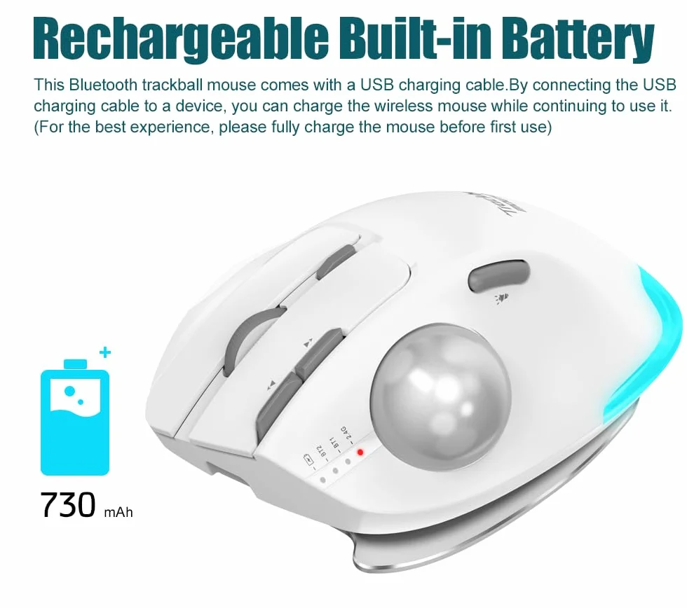 Zelotes Mysz bezprzewodowa z trackball 4800 DPI BT 5.0/3.0 + 2,4G ergonomiczna biała