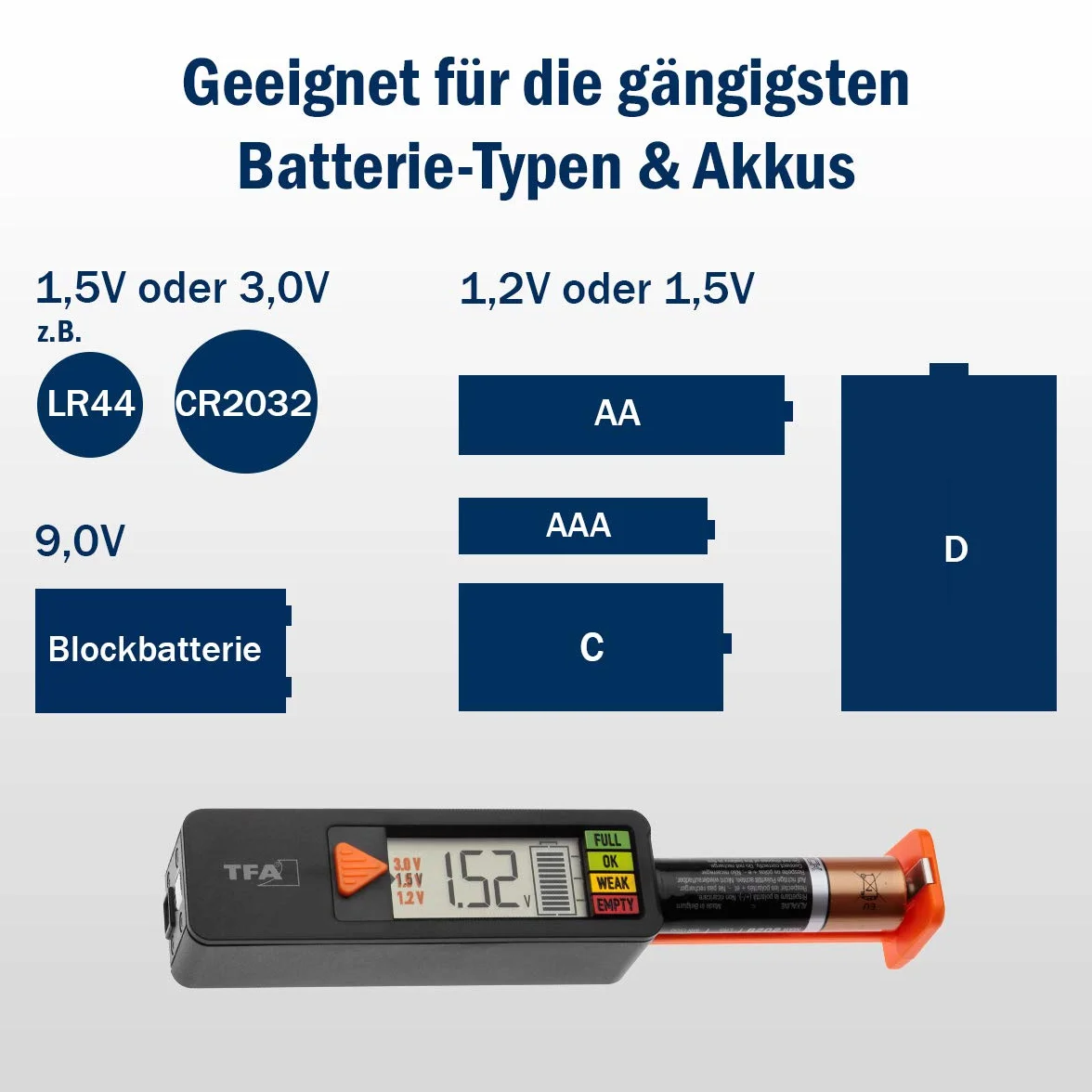 Tfa Dostmann Tester Baterii Batterycheck, 98.1126.01, do Baterii i Akumulatorów (Aaa, Aa, C, D), Baterii Guzikowej, Baterii Blokowej, Wskaźnik Stanu Ładowania/Woltu, Łatwy i Szybki, Czarny