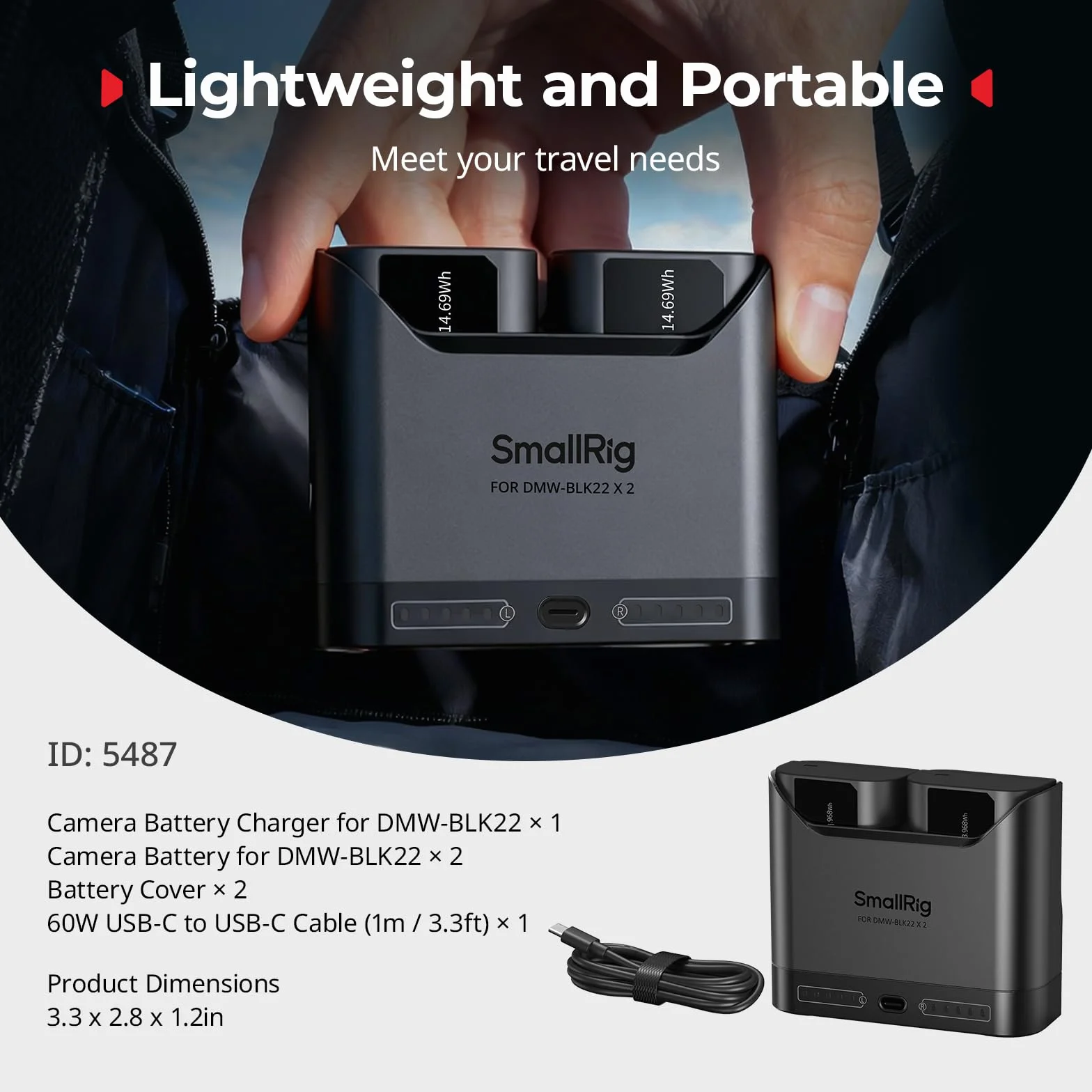 SMALLRIG Zestaw akumulatorów do Panasonic DMW-BLK22, ładowarka dwugniazdowa 22,5 W z akumulatorami o pojemności 1940 mAh, w pełni kompatybilny z do Panasonic Lumix GH5, GH5 II, GH6, GH7, S5, S5-5487