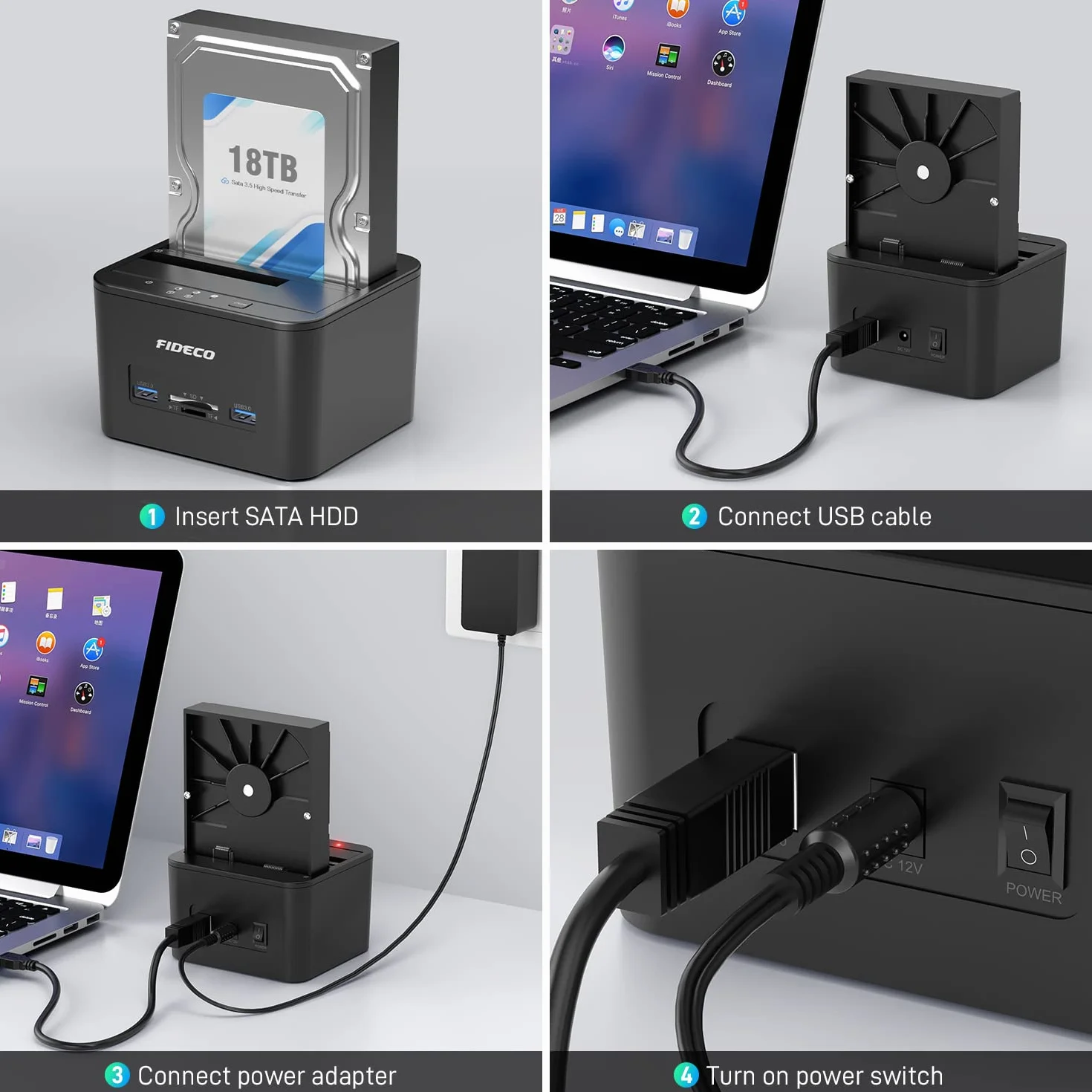 FIDECO Stacje Dokujące do Dysków Twardych, usb 3.0 Zewnętrzny Dysk Twardy Stacja Dokująca dla 2.5''/3.5'' SATA HDD oraz SSD, Obsługa klonowania offline, czytnika kart TF i SD