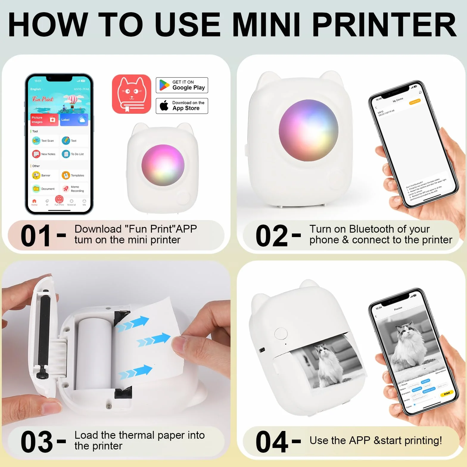 Mini drukarka, mobilna drukarka fotograficzna, przenośna mini drukarka fotograficzna, bezprzewodowa drukarka fotograficzna, 10 rolek papieru do drukarki i 5 kredek, smartfon, drukarka