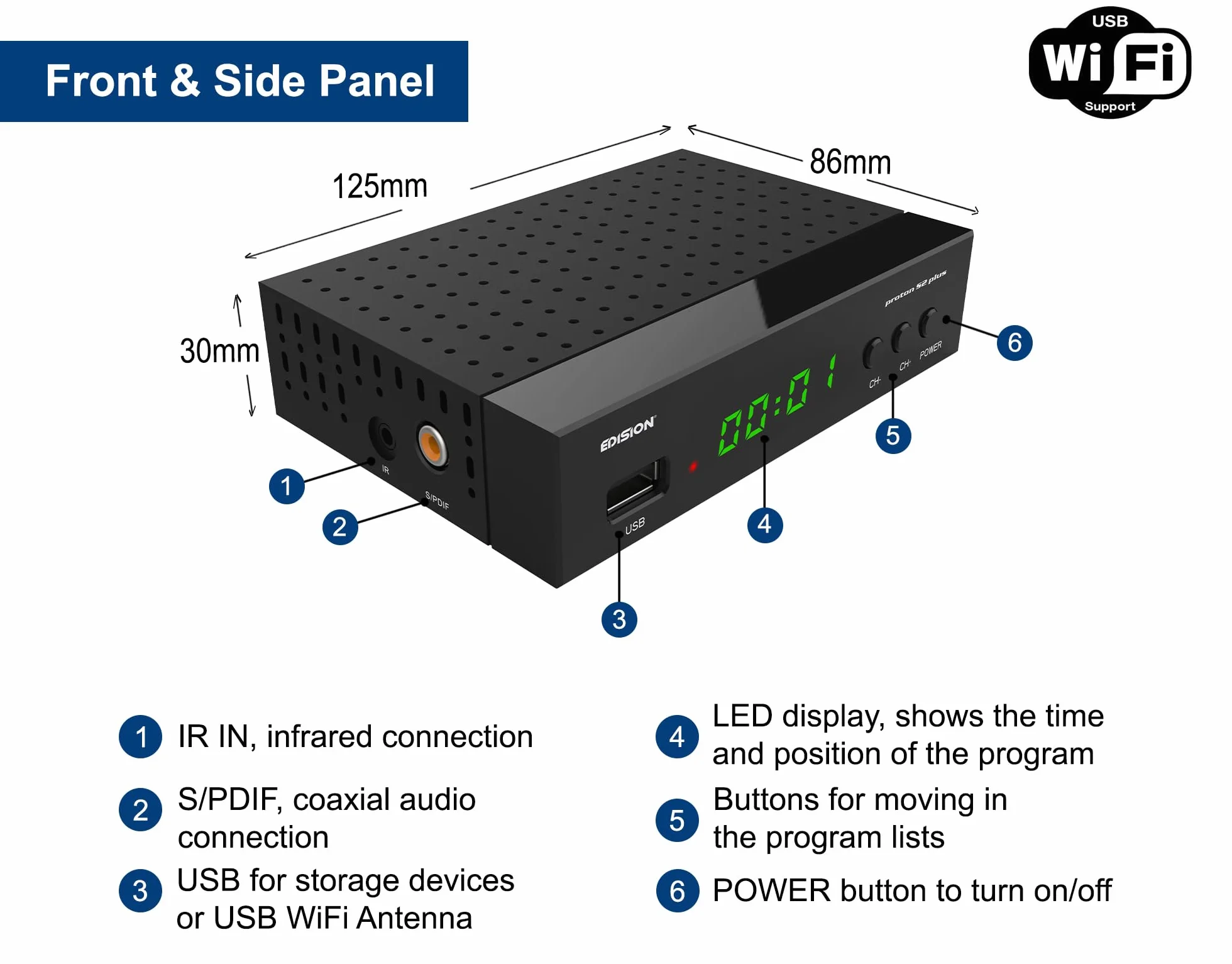 EDISION PROTON S2 plus Full HD Odbiornik satelitarny DVB-S2 FTA Unicable USB WiFi LAN HDMI SCART SPDIF IR
