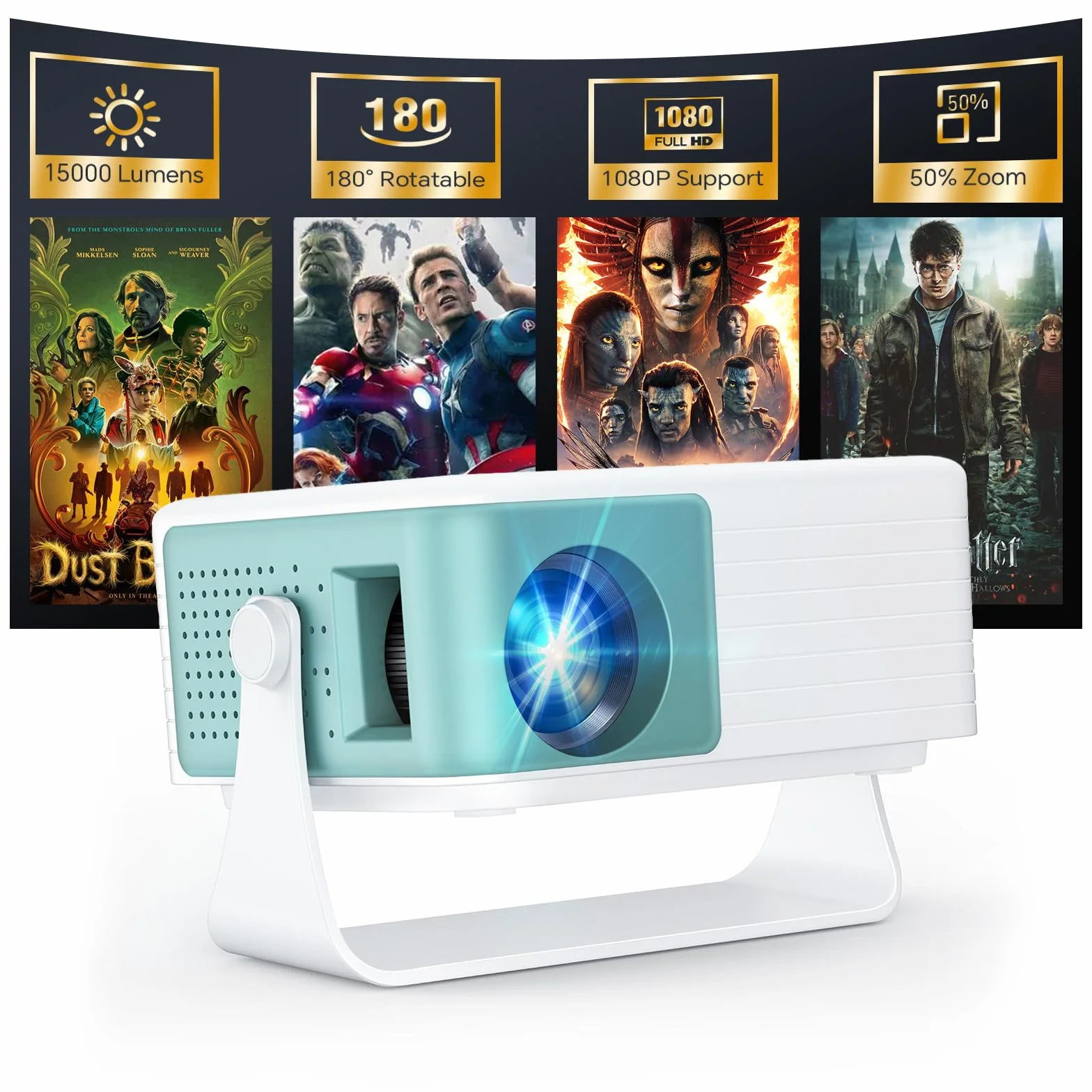 WOLFANG Mini Projektor, Przenośny Projektor z Obsługą Wejścia 1080P, Natywna Rozdzielczość 720P, Automatyczna Korekcja Keystone, Zoom 50% i Obrót 180°, Kompatybilny z iOS/Android/Laptopem/TV Stick