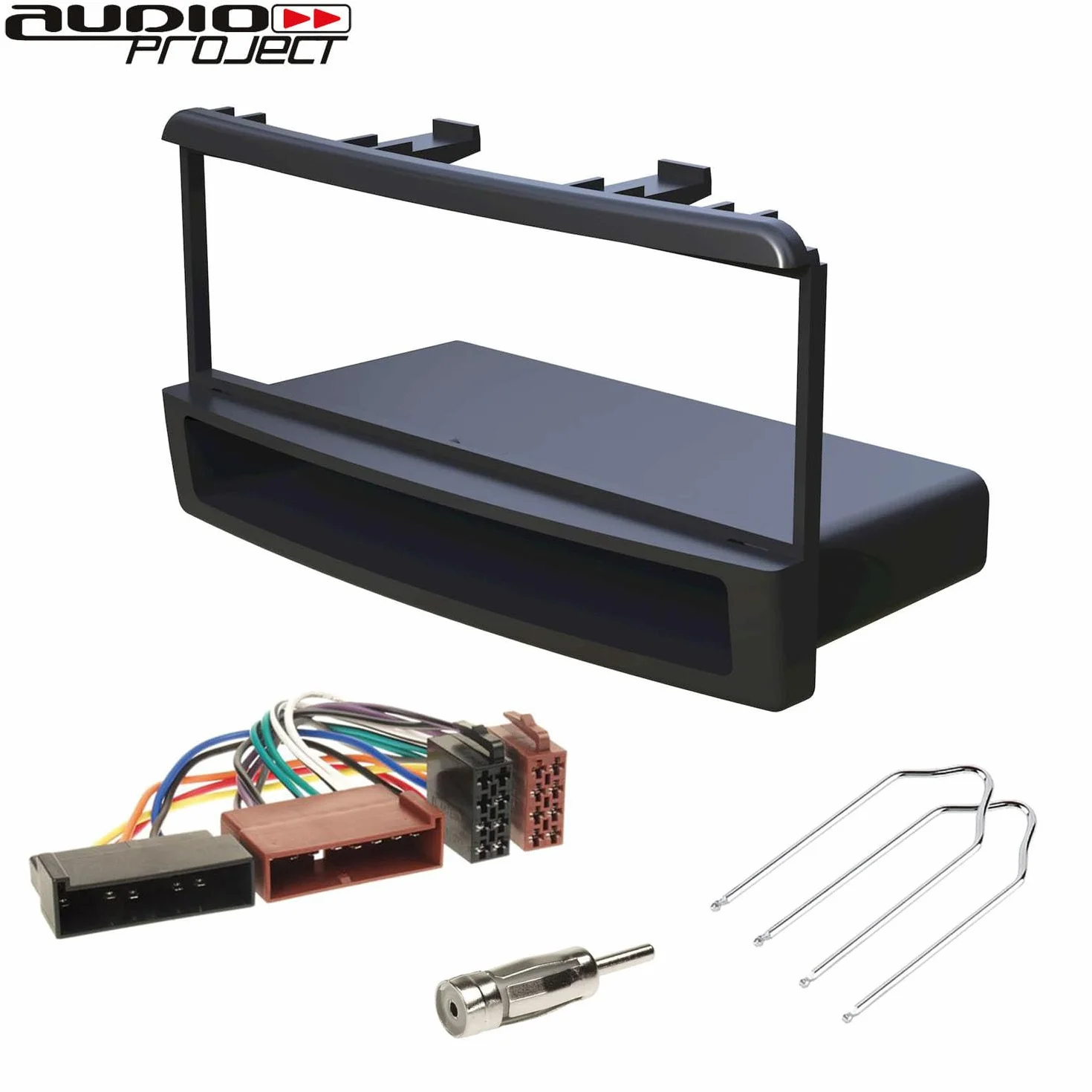 Audioproject A152 - zestaw zaślepek radiowych 1-DIN kompatybilny z Ford Focus Mondeo Galaxy Fiesta Cougar półka + adapter radiowy + uchwyt do anteny + uchwyt odblokowujący, osłona radia samochodowego czarna