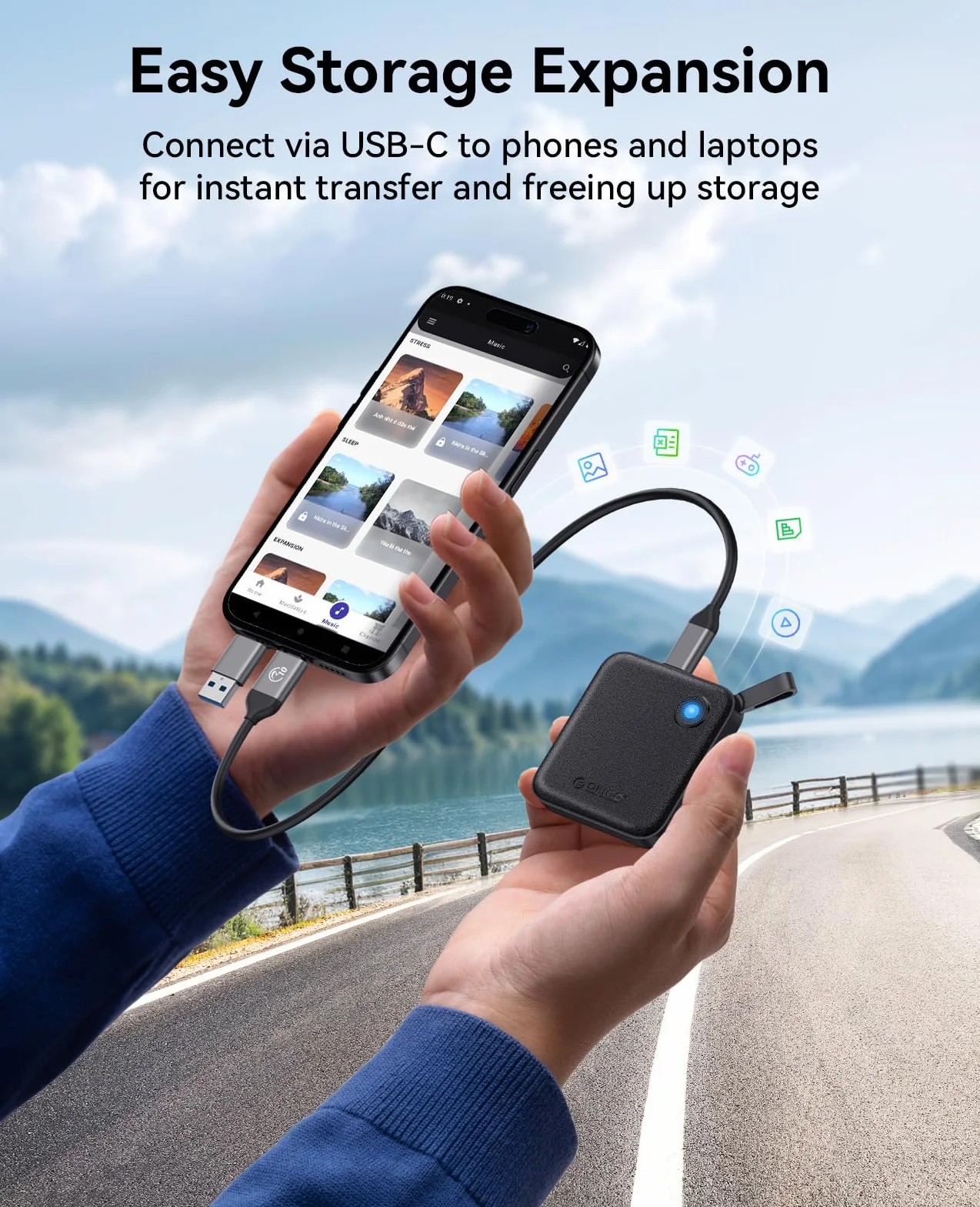 ORICO Extreme Portable SSD 256 GB z kablem USB C 2 w 1, zewnętrzne dyski Solid State Drives do 460 MB/s, wskaźnik stanu, niezawodna pamięć do smartfonów z USB-C smartfonów, tabletów, PC – B5PLUS