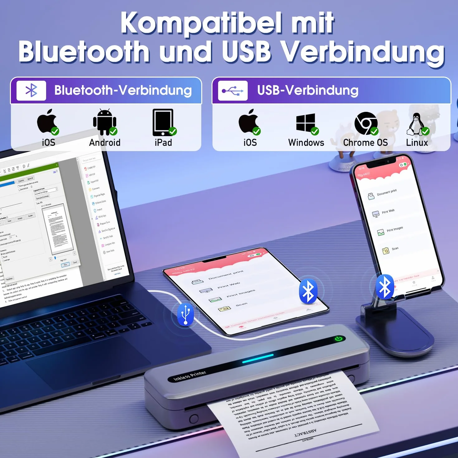 ASprink Drukarka Termiczna, Przenośna Drukarka Bezprzewodowa M832 na Papier Termiczny US Letter/A4/4"/3"/2", Przenośna Drukarka bez Atramentu dla Systemów Android i iOS - Szary