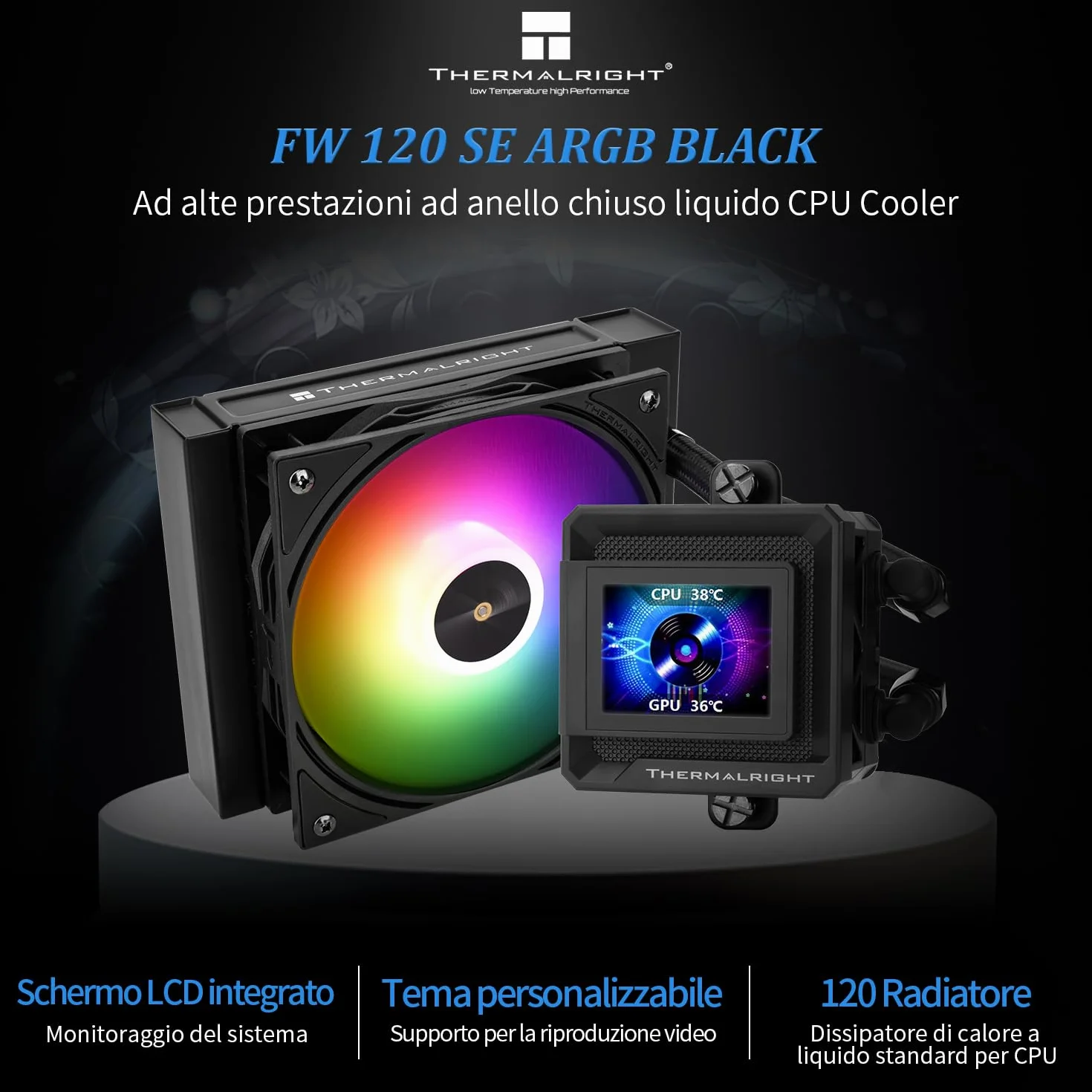TR FW SE 120 ARGB Black chłodnica wodna AIO, chłodnica procesora cieczowa, 2-calowy wyświetlacz LCD z rozdzielczością 320x240, wysoka prędkość 2000 obr./min, kompatybilna z AM4/AM5, Intel LGA115x/1200