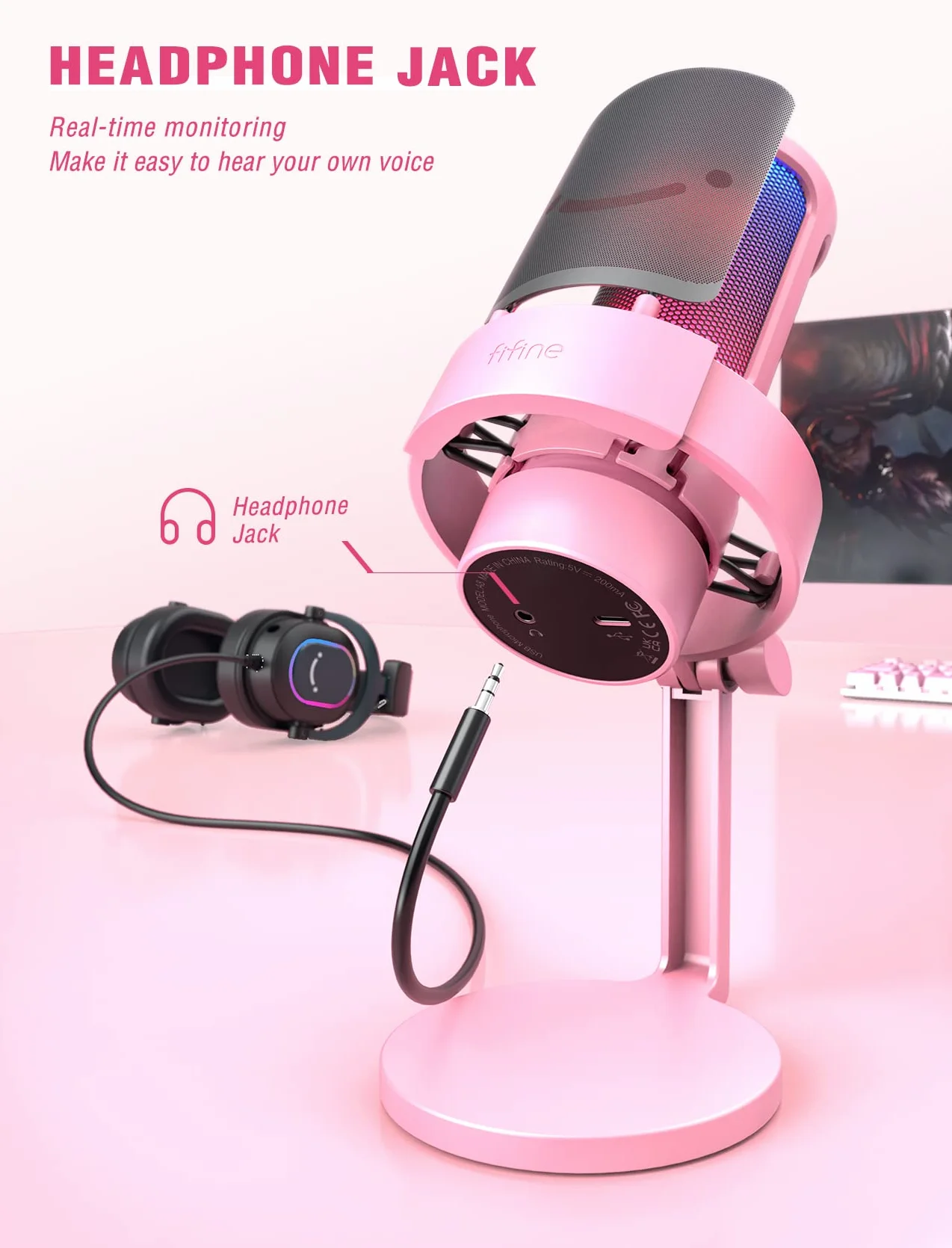 FIFINE Mikrofon USB do komputera, mikrofon gamingowy do streamingu podcastów, mikrofon USB C do PS4, PS5 MAC, ze sterowaniem RGB, wyciszeniem, przyłączem słuchawkowym, filtrem pop