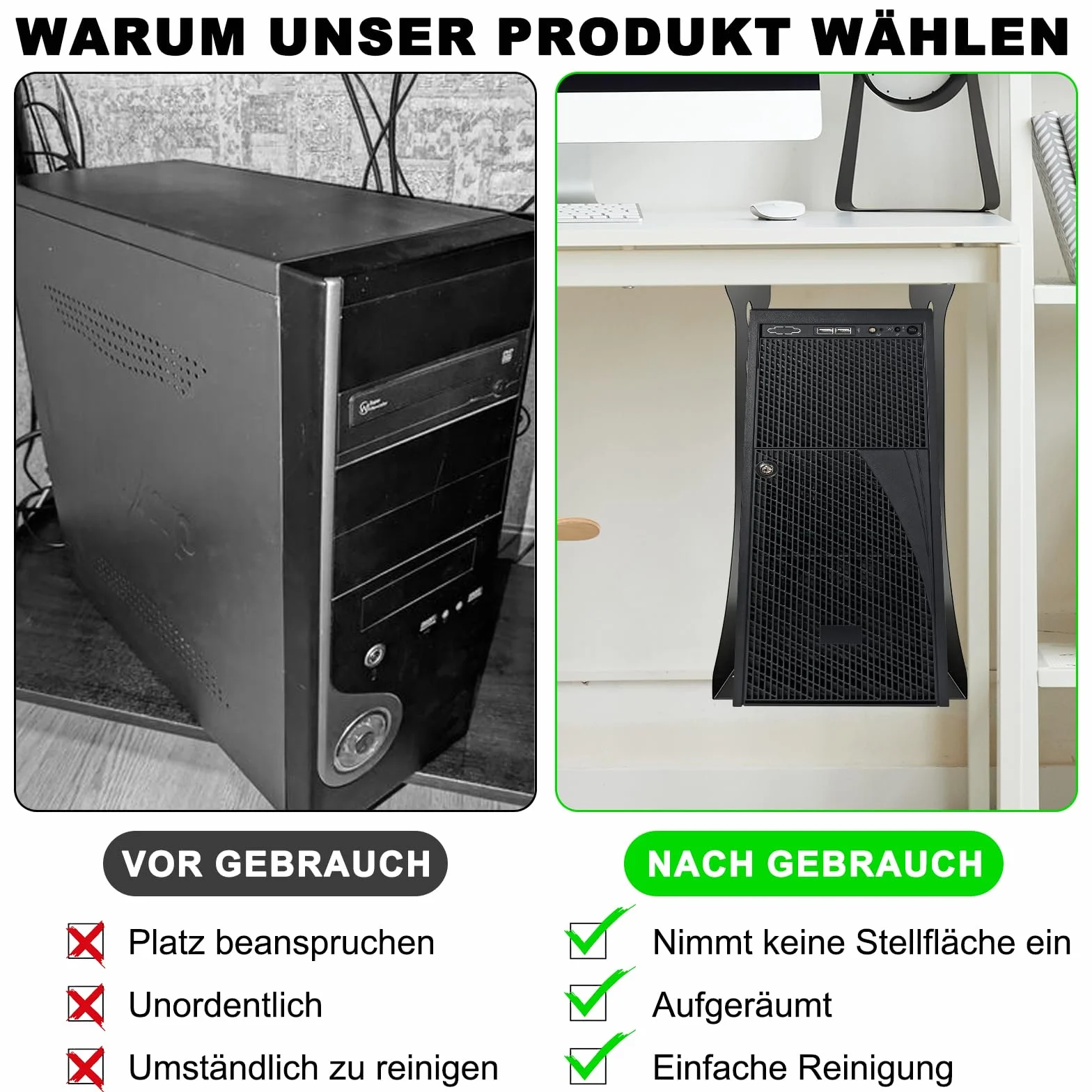 Uchwyt do komputera pod biurko, regulowany 150-230 mm, do zawieszenia na komputerze, nośność do 30 kg, do dużych obciążeń, do większości hostów (czarny)