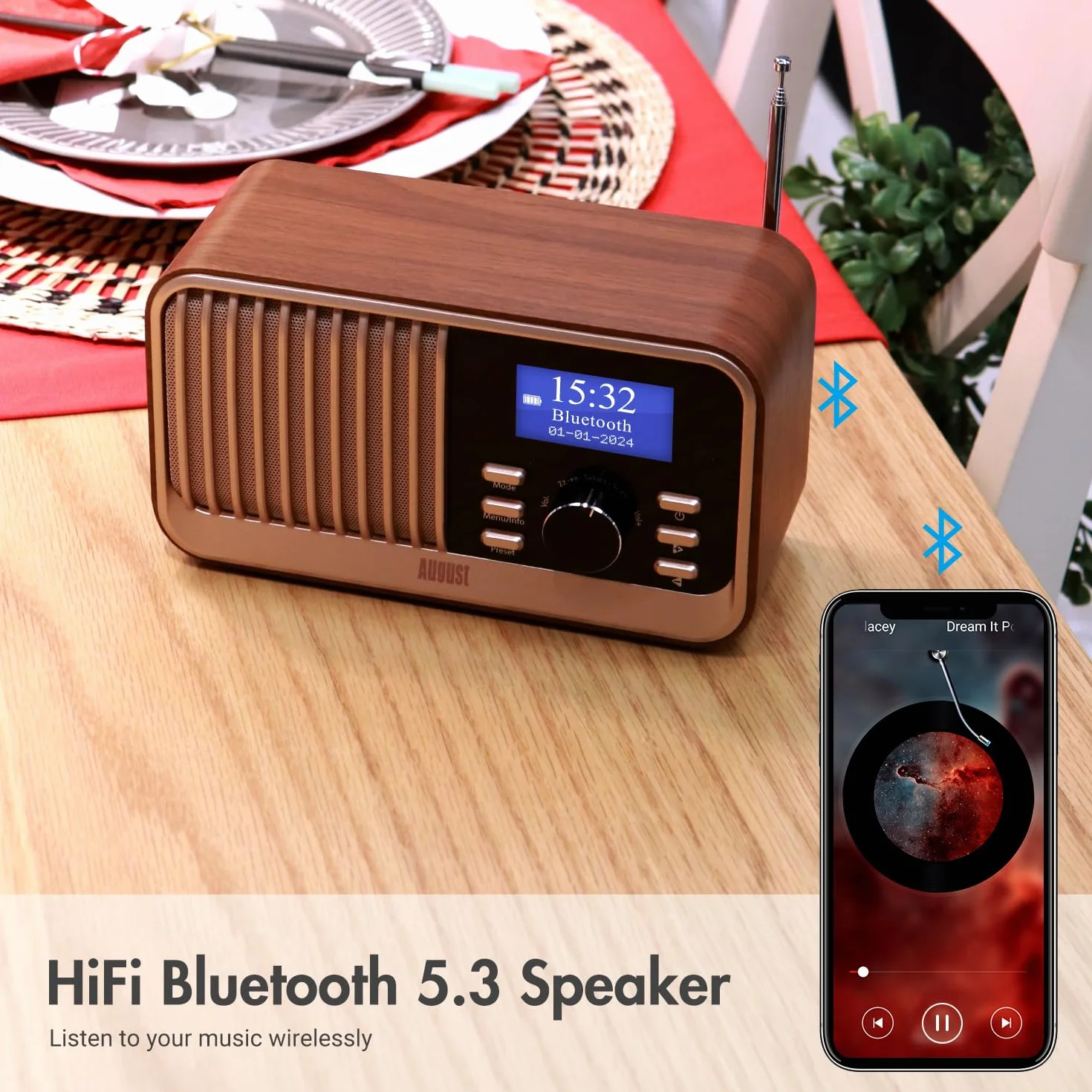 August MB450K-Radio DAB DAB+ FM Retro Przenośne Radio z Bluetooth 5.3, USB/AUX, MicroSD, Bateria 18h, Pilot Dębowy