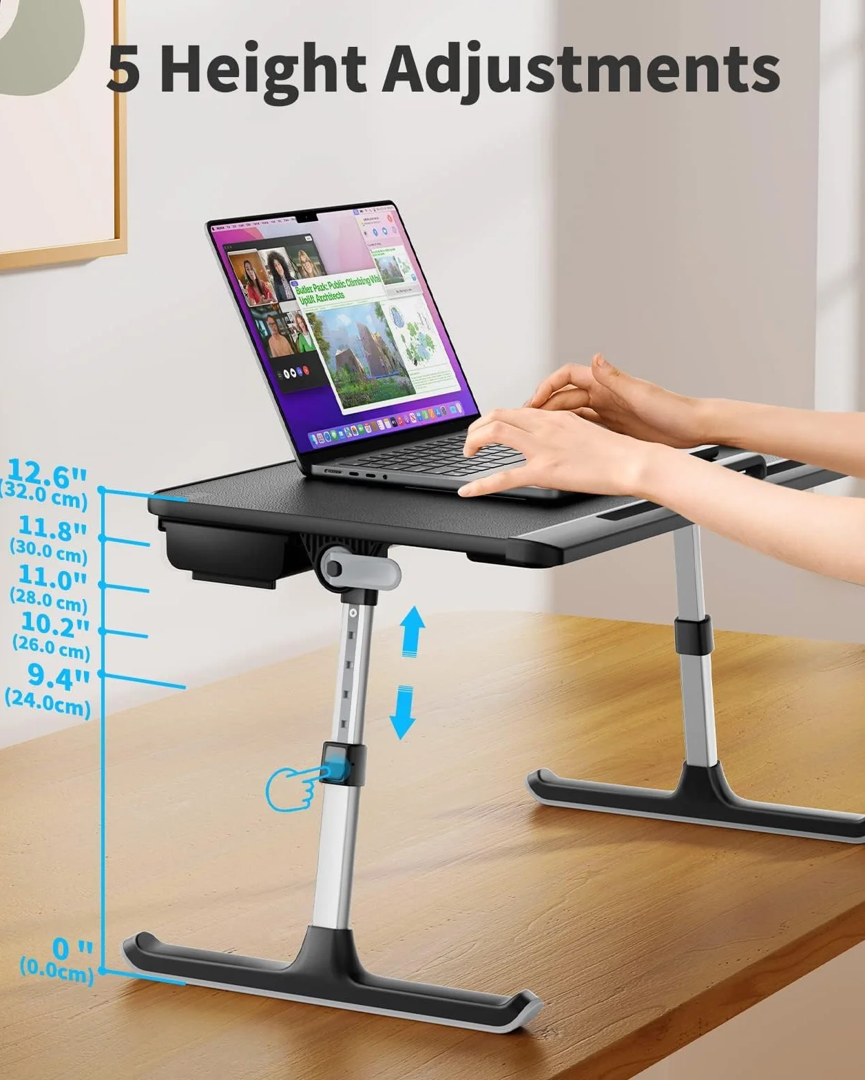 Stolik pod laptopa, stolik do łóżka, SAIJI 100% E0 Eco drewniany blat, regulowany stolik do łóżka, z szufladą, składane nogi, obciążenie 40 kg, blat stołu ze skóry PCW, do czytania, jedzenie na łóżko