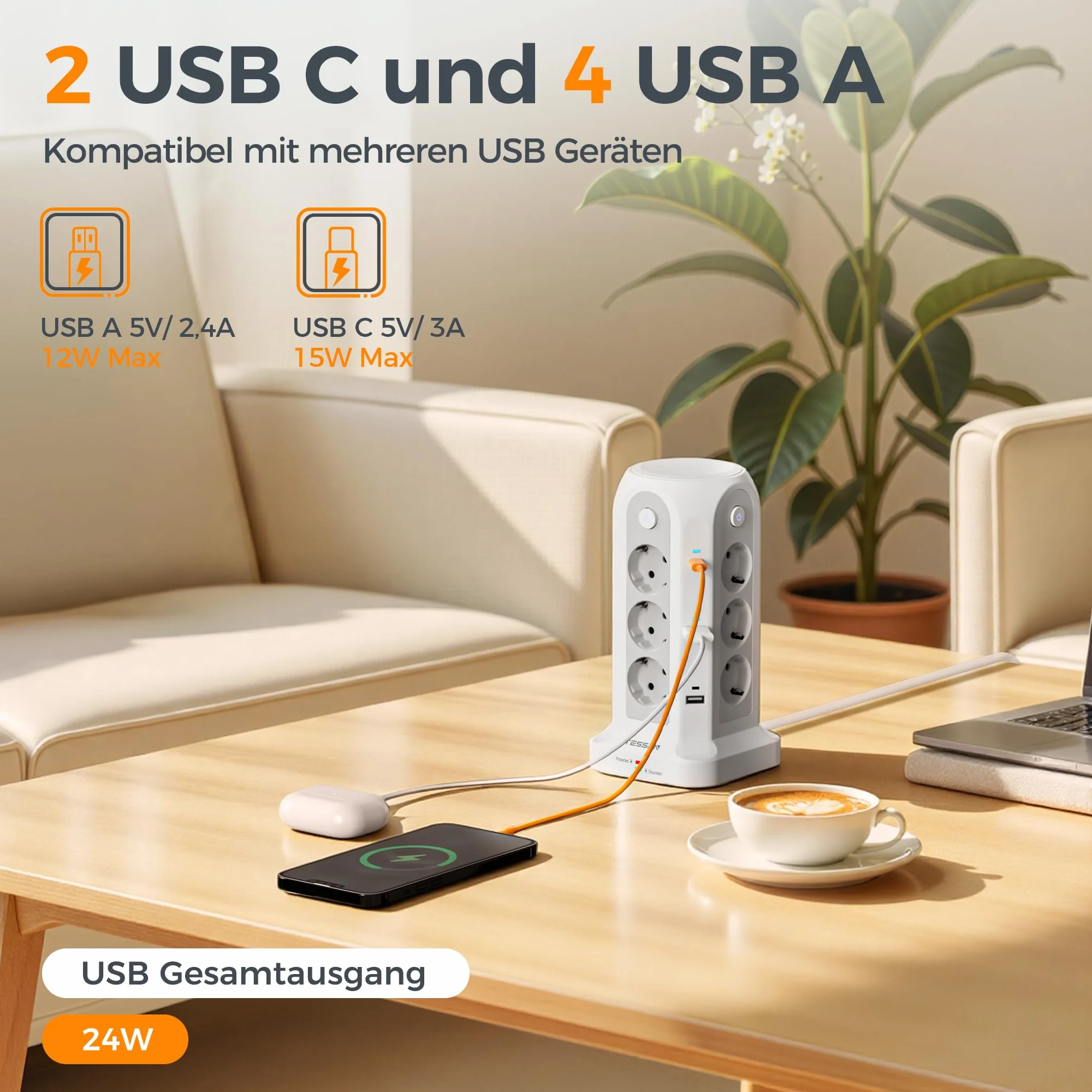 TESSAN 12 składanych gniazd, listwa zasilająca z 4 USB A i 2 USB C, przedłużacz z wieloma wtyczkami 2 m, listwa zasilająca z USB i przełącznikiem do domowego biura, szaro-biały