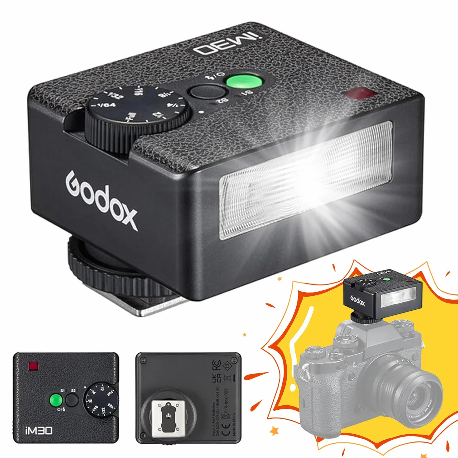 Godox Lampa błyskowa iM30 latarka błyskowa do aparatu, sterowanie optyczne, sterowanie optyczne, 6500 K ± 200 K, 7 poziomów mocy (1/64 ~ 1/1), liczba przewodnia 15 (ISO 100 metrów), Godox IM30 lampa