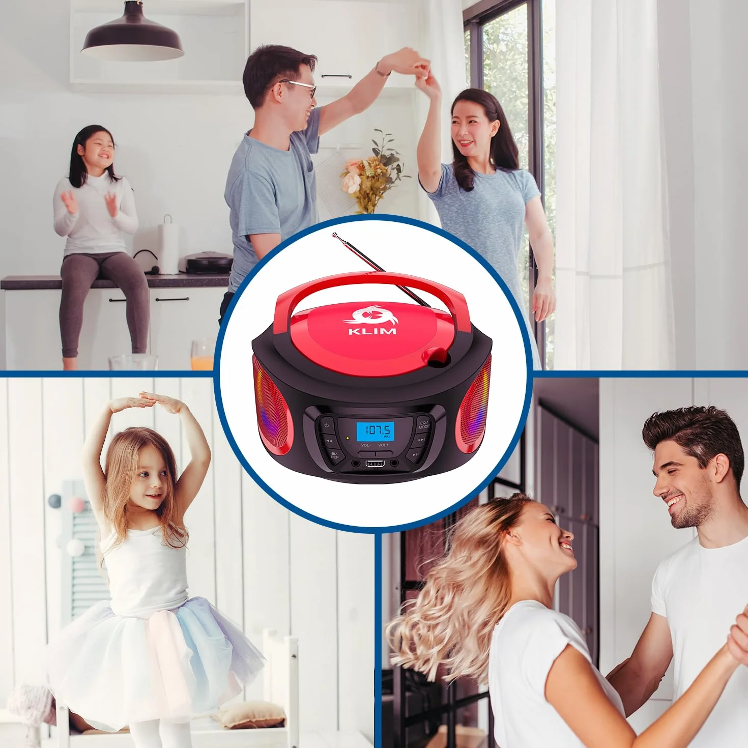 KLIM Boombox Radio CD, nowość 2023 Radio FM, CD Bluetooth, MP3, USB, AUX - baterie do ładowania, tryby przewodowe i bezprzewodowe, kompaktowy i wytrzymały, czerwony