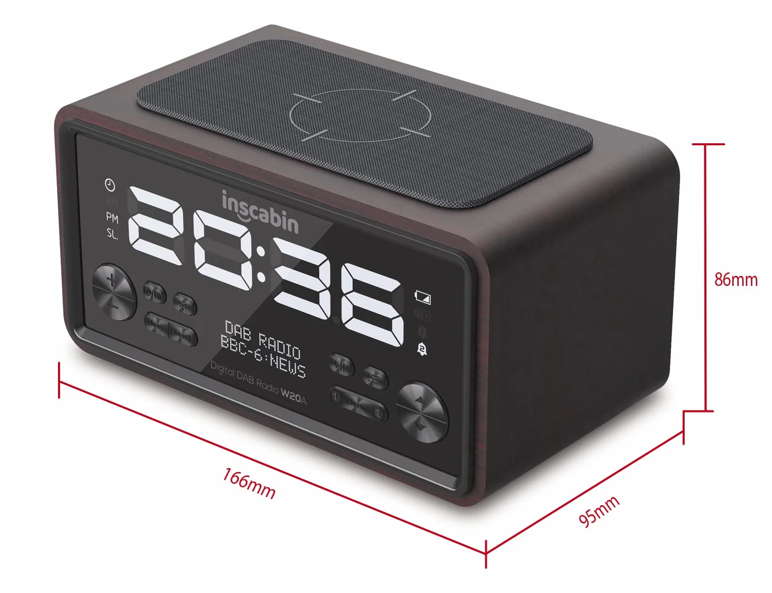 DAB/DAB+ FM cyfrowy radiobudzik z bezprzewodowym ładowaniem Bluetooth, czarny orzech