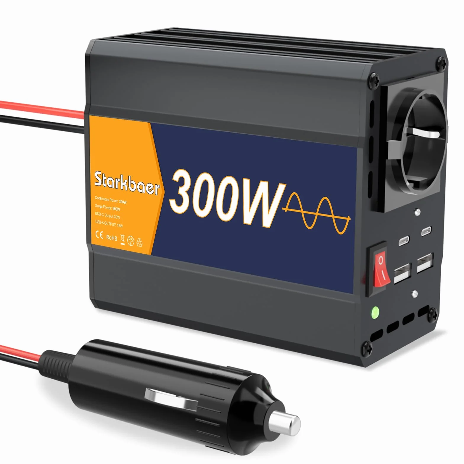 Przetwornica napięcia 300 W/600 W, czysta sinusoidalna 12 V na 230 V, falownik samochodowy Pure sine, 4 x USB i 1 x AC gniazdo wtykowe przetwornik prądu. Wtyczka do zapalniczki samochodowej