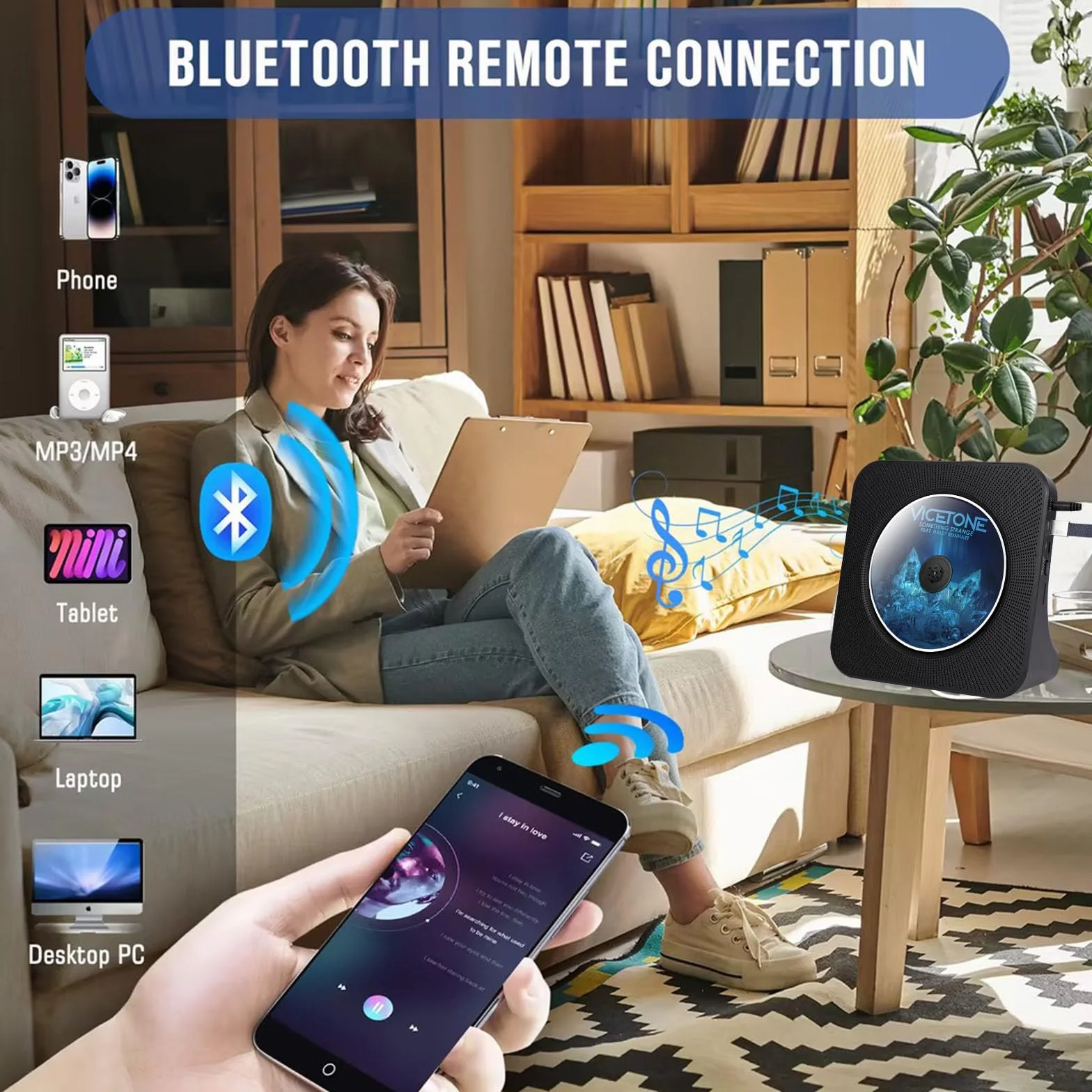 Desktopowy odtwarzacz CD z nadajnikiem Bluetooth, przenośny odtwarzacz radiowy z głośnikami i timerem, odtwarzacz CD z portem AUX/USB, osłona przeciwpyłowa, wyświetlacz LCD