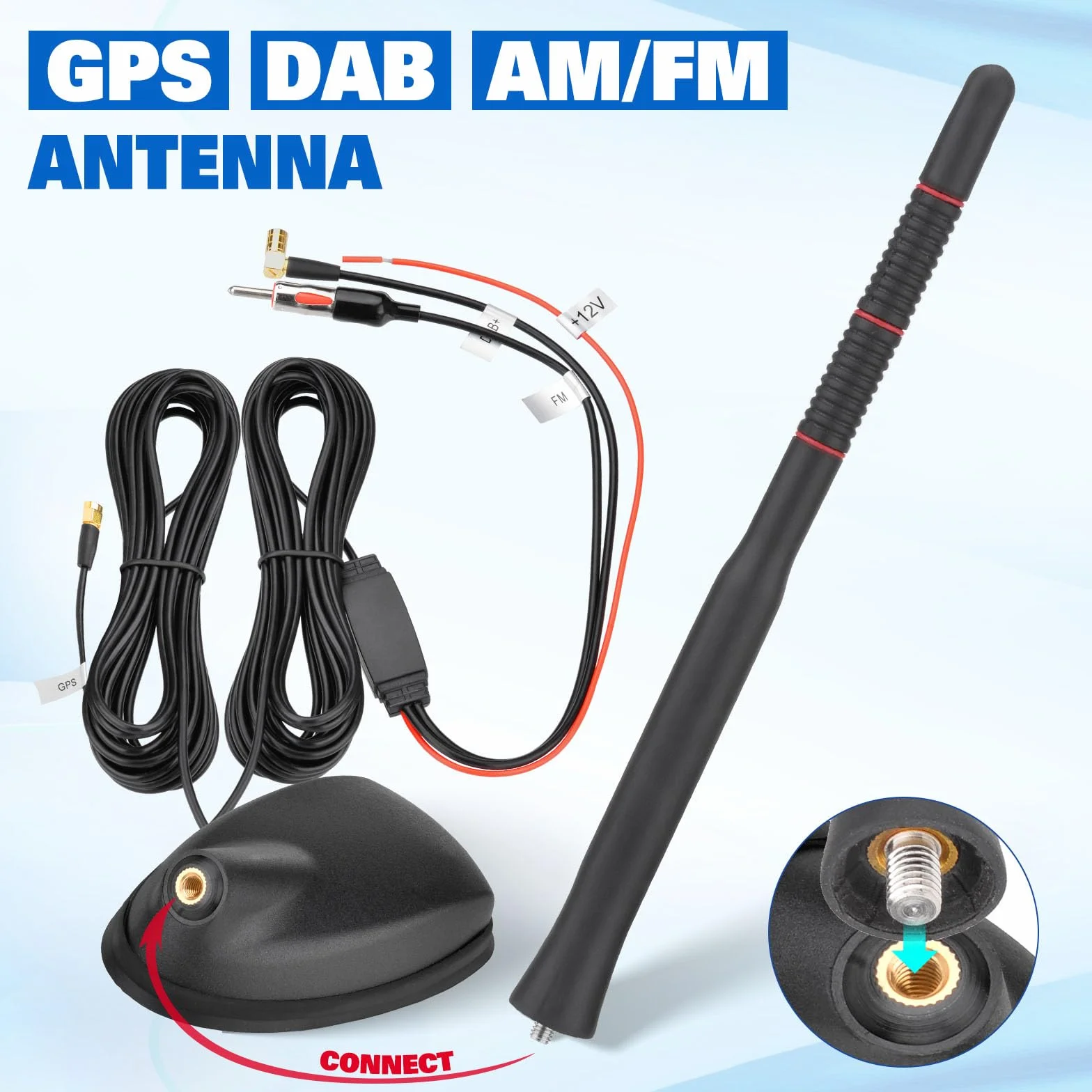 Eightwood Active DAB DAB+ antena samochodowa radio cyfrowe GPS DAB FM antena samochodowa antena dachowa antena samochodowa ze wzmacniaczem ze złączem SMB/SMA DIN adapter radio samochodowe rozdzielacz