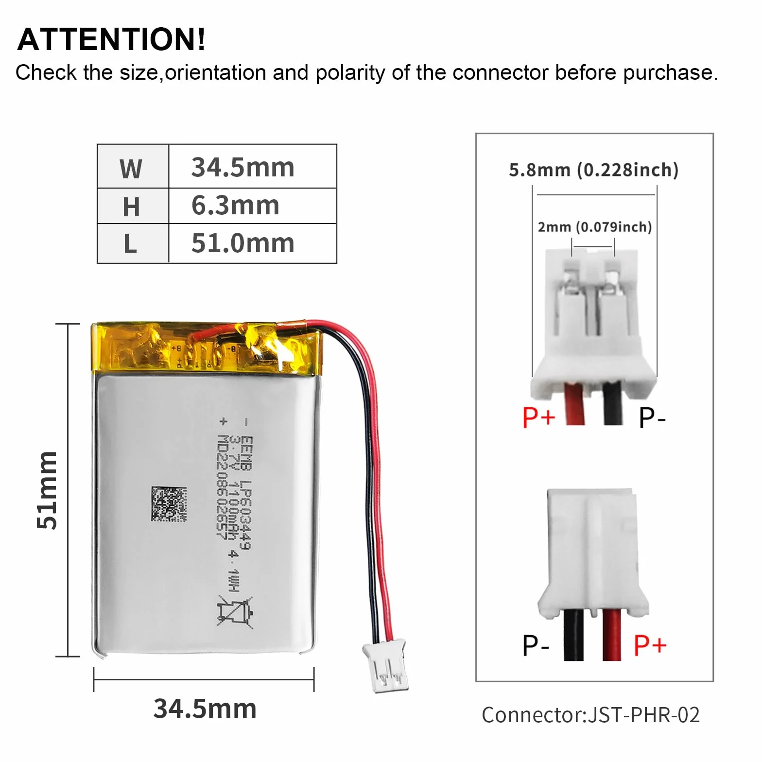 EEMB 3.7V 1100mAh 603449 Bateria Lipo ładowalny litowy polimerowy ze złączem JST - Upewnij się, że polaryzacja urządzenia pasuje do akumulatora przed zakupem!!!