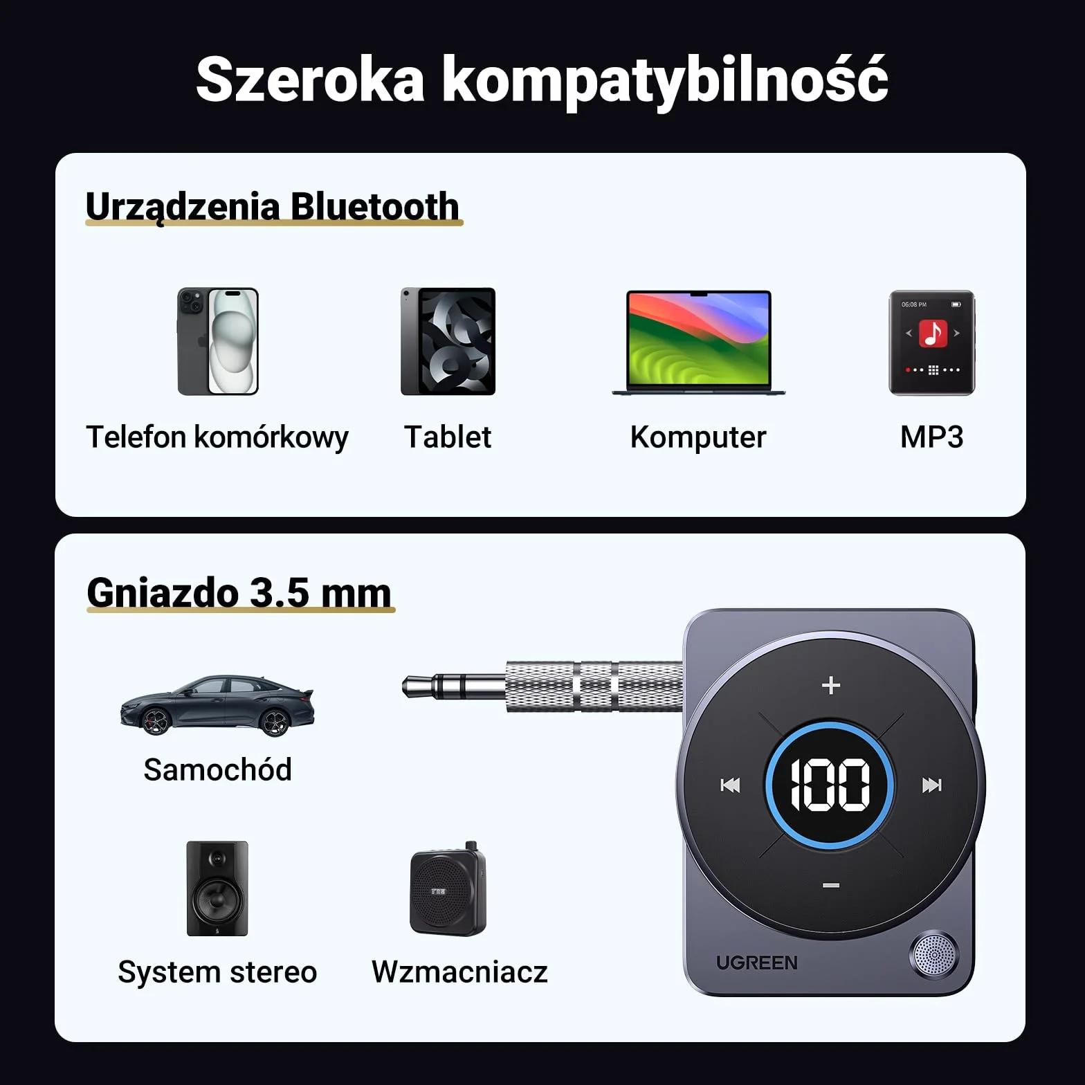 UGREEN Adapter Aux Bluetooth 5.4 do samochodowego adaptera Aux Bluetooth jack 3,5 mm, zestaw głośnomówiący z odbiornikiem Bluetooth 20 godzin odtwarzania dla radia samochodowego/systemu stereo