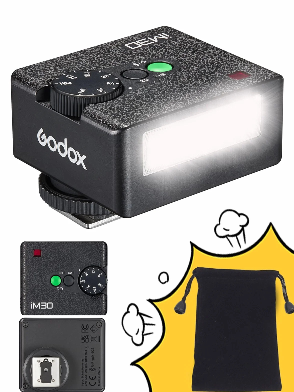 Godox Flash Godox iM30 Mini Flash - lampa błyskowa GN 15, 7 poziomów mocy, IM 30 mini ręczna lampa błyskowa do Canon/Sony zv1/Sony zve10 /Ricoh gr3/Nikon/Fuji f1-230 błysków pełnej mocy / 6500K ± 200K