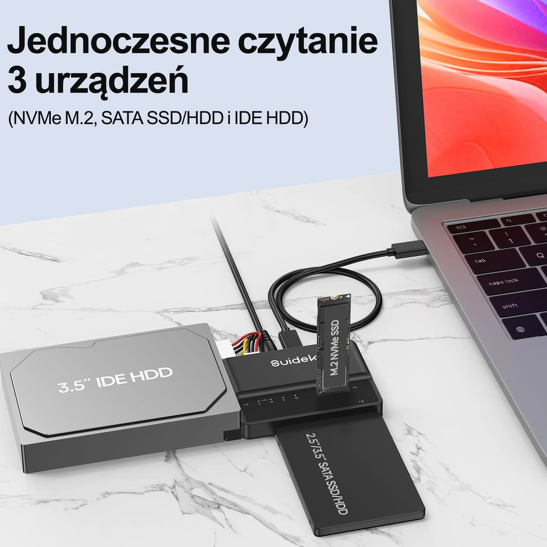 SUIDEK NVMe M.2 na SATA adapter USB 10 Gb/s, czytnik dysków twardych, bezpłatny adapter PCIe NVMe, SATA i IDE konwerter obsługuje M Key, SSD 2.5/3.5 i 3.5 IDE HDD