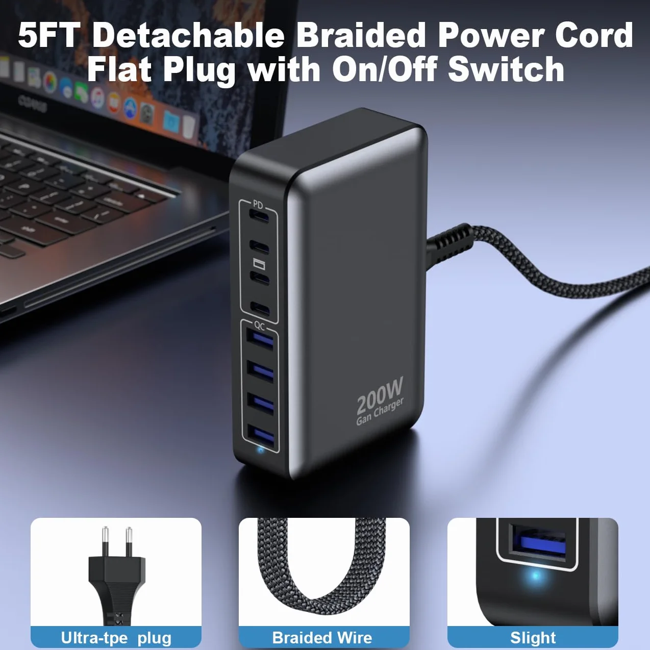 Ładownica USB C 200W 8-portowy Gan Fast Charging Station Hub PD 65W ON/OFF Switch
