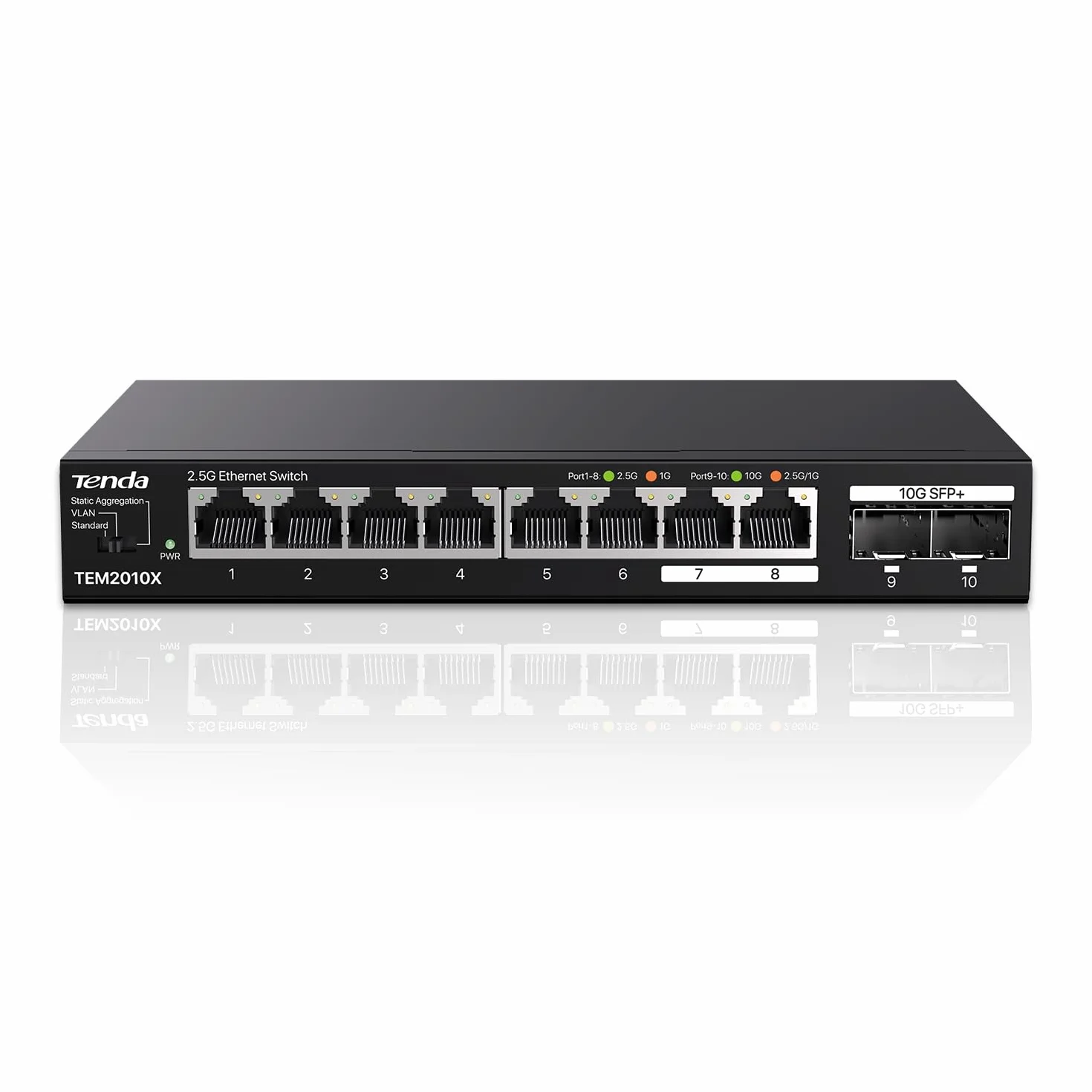 Tenda Przełącznik 2,5 Gb z 8 portami 2,5 G i 2 portami SFP+ 10G (VLAN, agregacja statyczna, brak zarządzania, Plug and Play, metalowa obudowa) (TEM2010X)