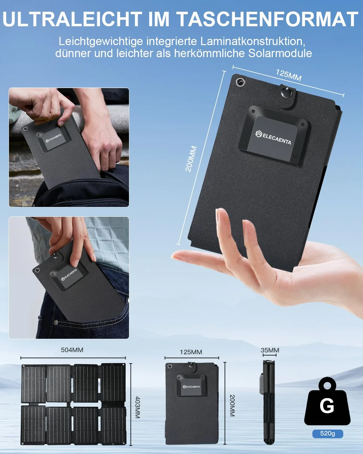 ELECAENTA Przenośna ładowarka solarna ETFE 25 W, rozmiar kieszonkowy, mini składany panel słoneczny z USB-A i USB-C, wodoodporność IP68, na zewnątrz, kemping, wędrówki, kompatybilna z telefonem