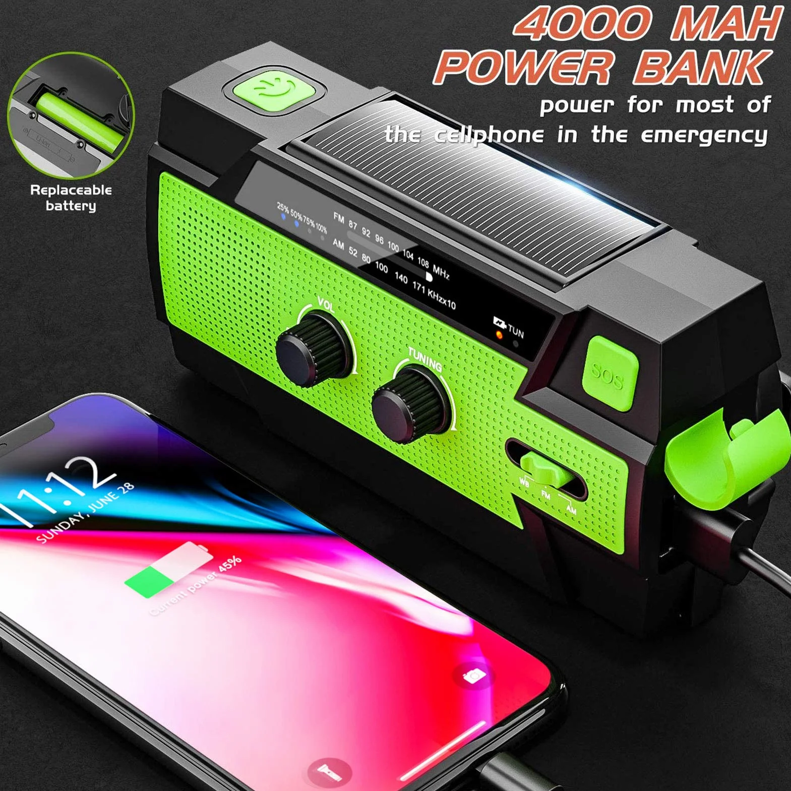 Radio solarne AM/FM korbowe przenośne USB awaryjne akumulator 4000 mAh dynamo zielone