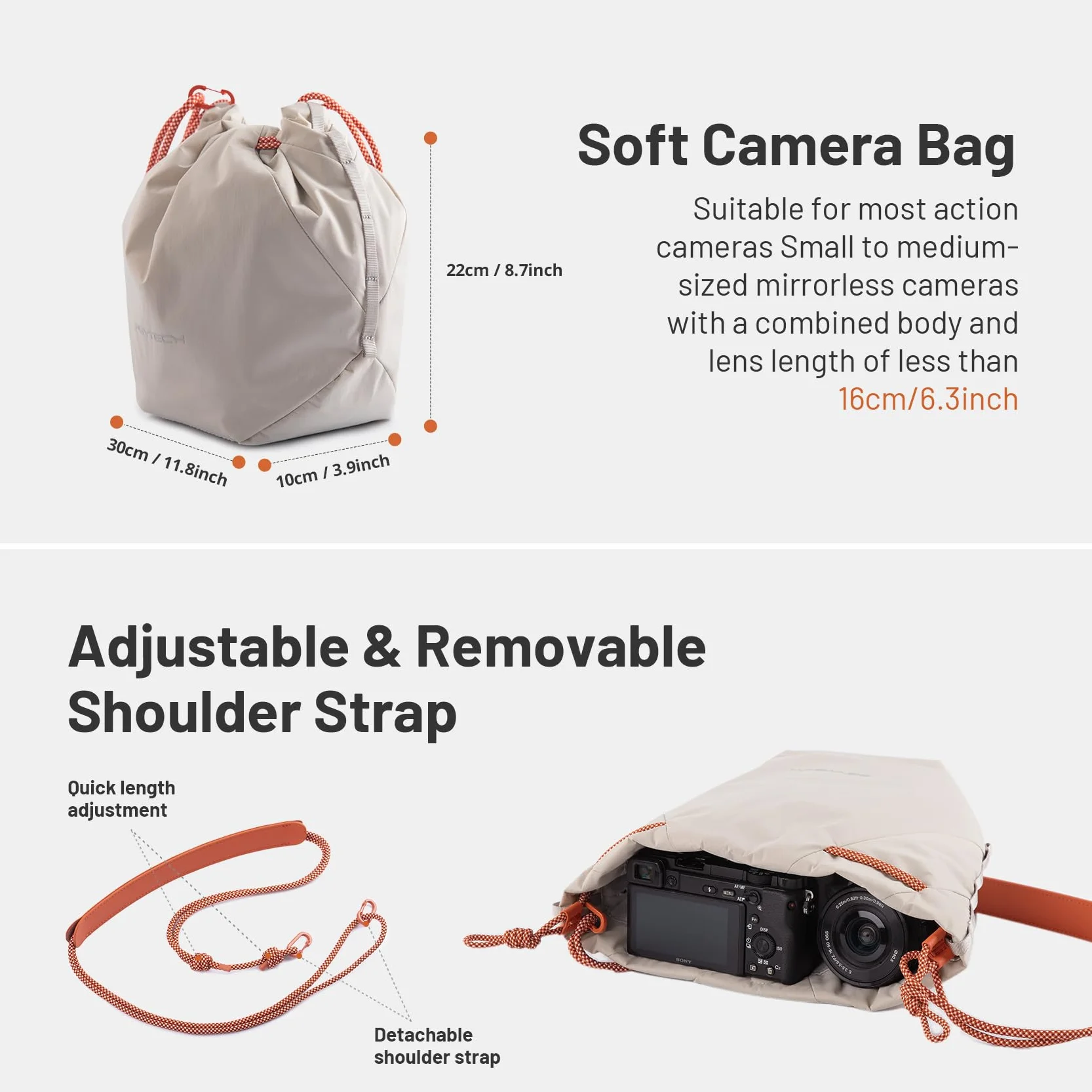 PGYTECH OneGo cameratas met trekkoord straatfotografie zachte handtas schoudertas voor spiegelloze Canon Sony Fuji action camera wit