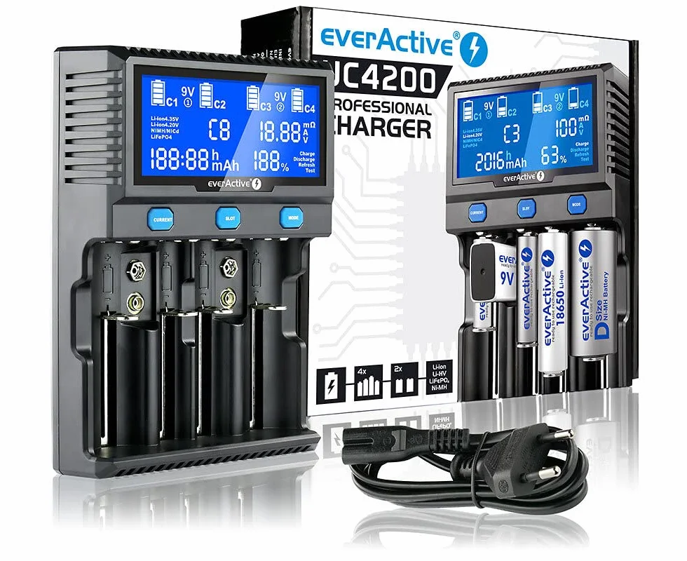 everActive Ładowarka do 4 cylindrycznych akumulatorów litowo-jonowych i Ni-MH, profesjonalna, szybka i uniwersalna, wyświetlacz LCD, test pojemności, model: UC4200