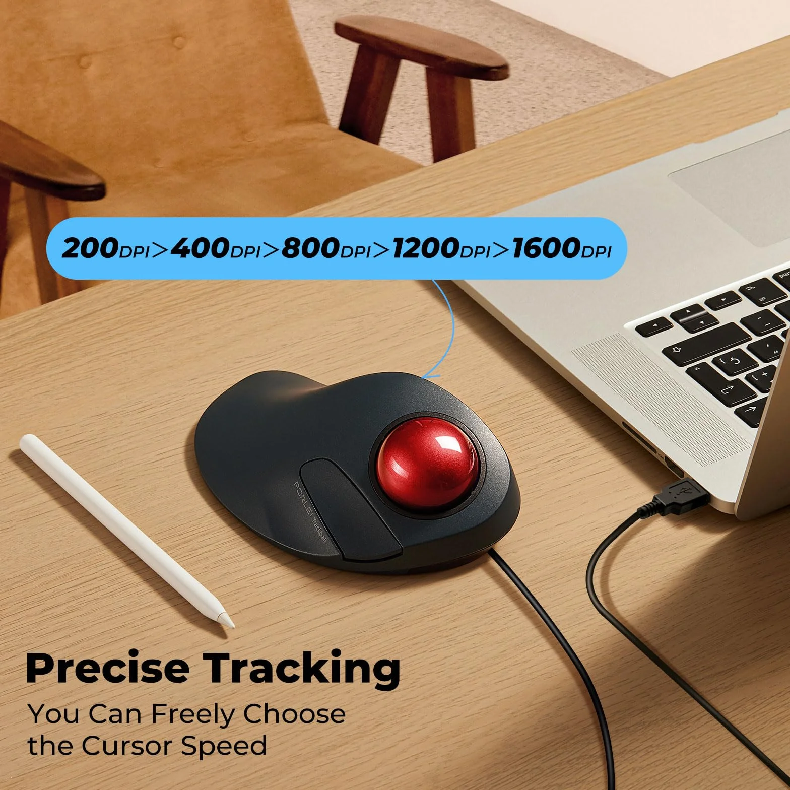 Przewodowa mysz Trackball, łatwe sterowanie palcem wskazującym, ergonomiczna wygodna konstrukcja zmniejsza obciążenie mięśni, precyzyjne i płynne śledzenie, kompatybilna z komputerami PC
