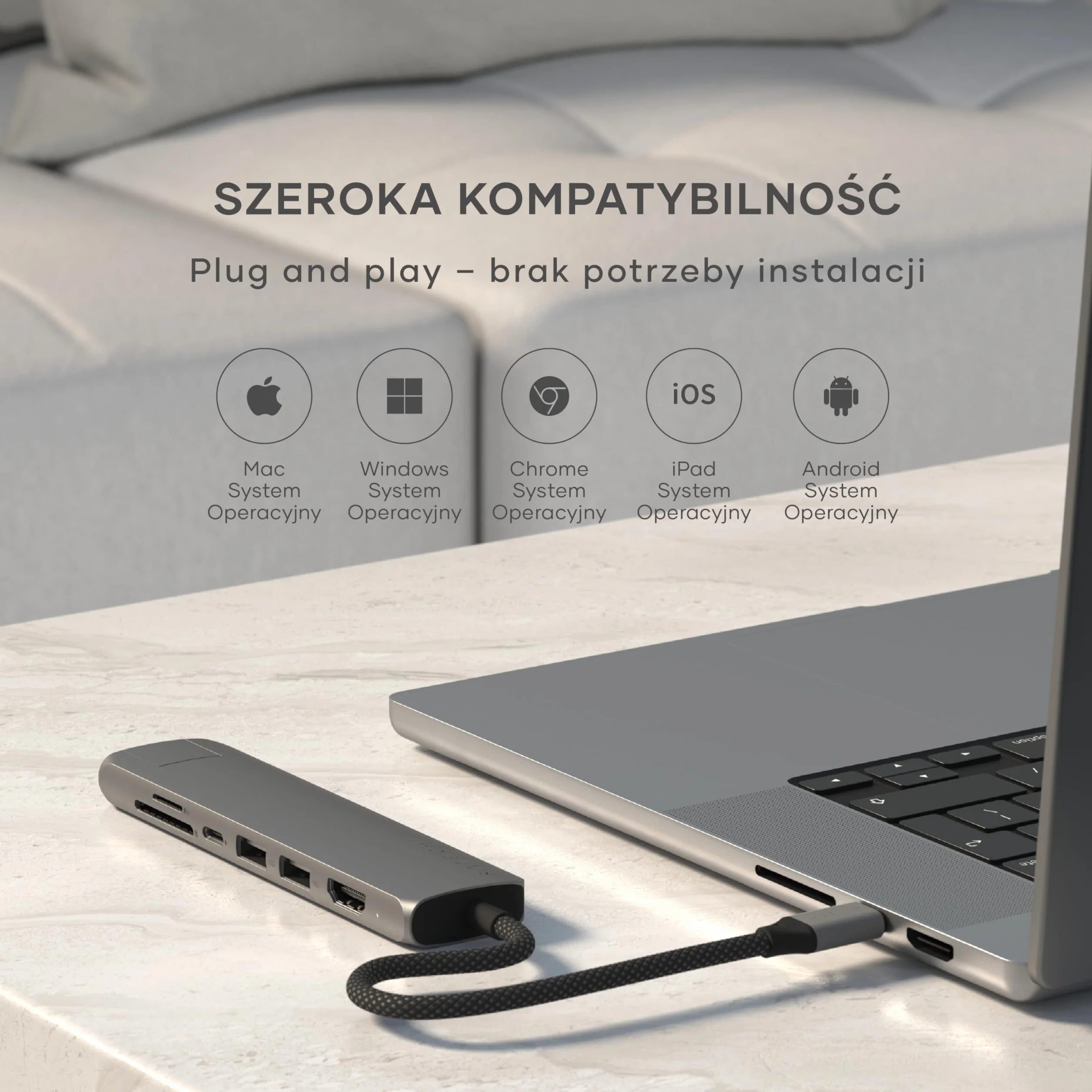 SATECHI 7-w-1 Slim Plus koncentrator USB-C, adapter wieloportowy z Ethernetem, ładowaniem PD 100 W, HDMI 4K@60Hz, 2x USB-A 10 Gb/s i SD/MicroSD do MacBooka Air/Pro/Neo, laptopa i innych – szary