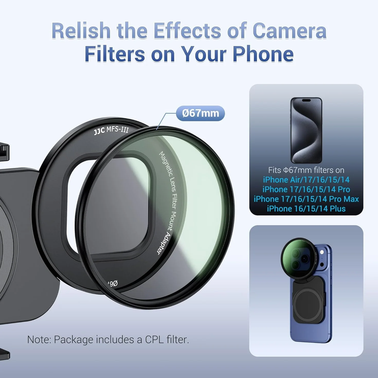 Upgraded 67 mm Phone Lens Filter Adapter Mount + CPL do iPhone 17 16 15 14 Pro Max Plus Air, dwustronny magnetyczny pierścień filtra do telefonu z pierścieniem 1/4-20" i wyciąganym zimnym butem, aby
