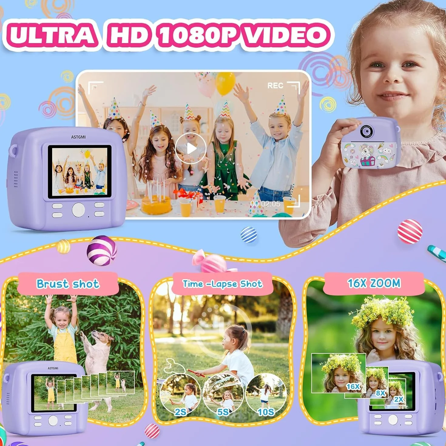 Aparat natychmiastowy dla dzieci, aparat kompaktowy, 1080p HD, natychmiastowe drukowanie zdjęć, prezent urodzinowy, prezent na Boże Narodzenie, zabawka od 3, 4, 5, 6, 8, 7, 9, 10, 11 lat, dla